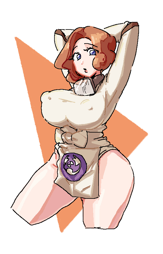 1girls arms_up blue_eyes bottomless breasts brown_hair covered_crotch female fluffy_hair ginger ginger_hair goggles_around_neck human large_breasts leebongchun light_skin nipple_bulge nipples nipples_visible_through_clothing orange_hair palina_(pokemon) pokemon pokemon_legends:_arceus portrait short_hair solo swimwear thick_thighs white_background