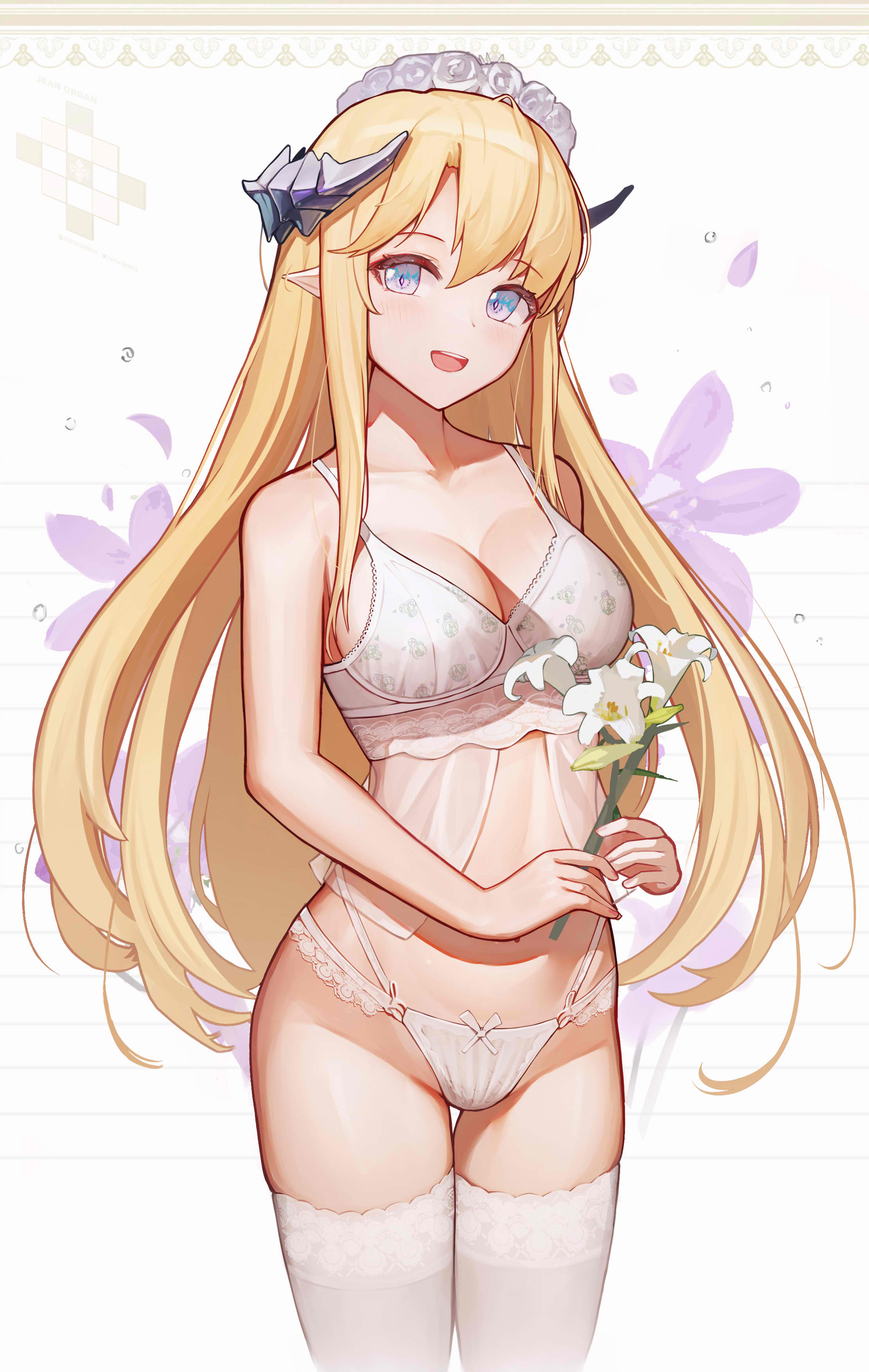 1girls, aqua eyes, arknights, babydoll, bare shoulders, big breasts, blonde hair, blush, bra, breasts, chest, cleavage, collarbone, cute, cyanide-whale, female, female only, flowers, happy, horns, legwear, light skin, light-skinned female, lingerie, long hair, looking at viewer, maid headdress, open mouth, open smile, panties, pointy ears, push-up, saileach (arknights), smile, solo, standing, stockings, thighs, underwear, white bra, white legwear, white lingerie, white panties, white stockings, white underwear