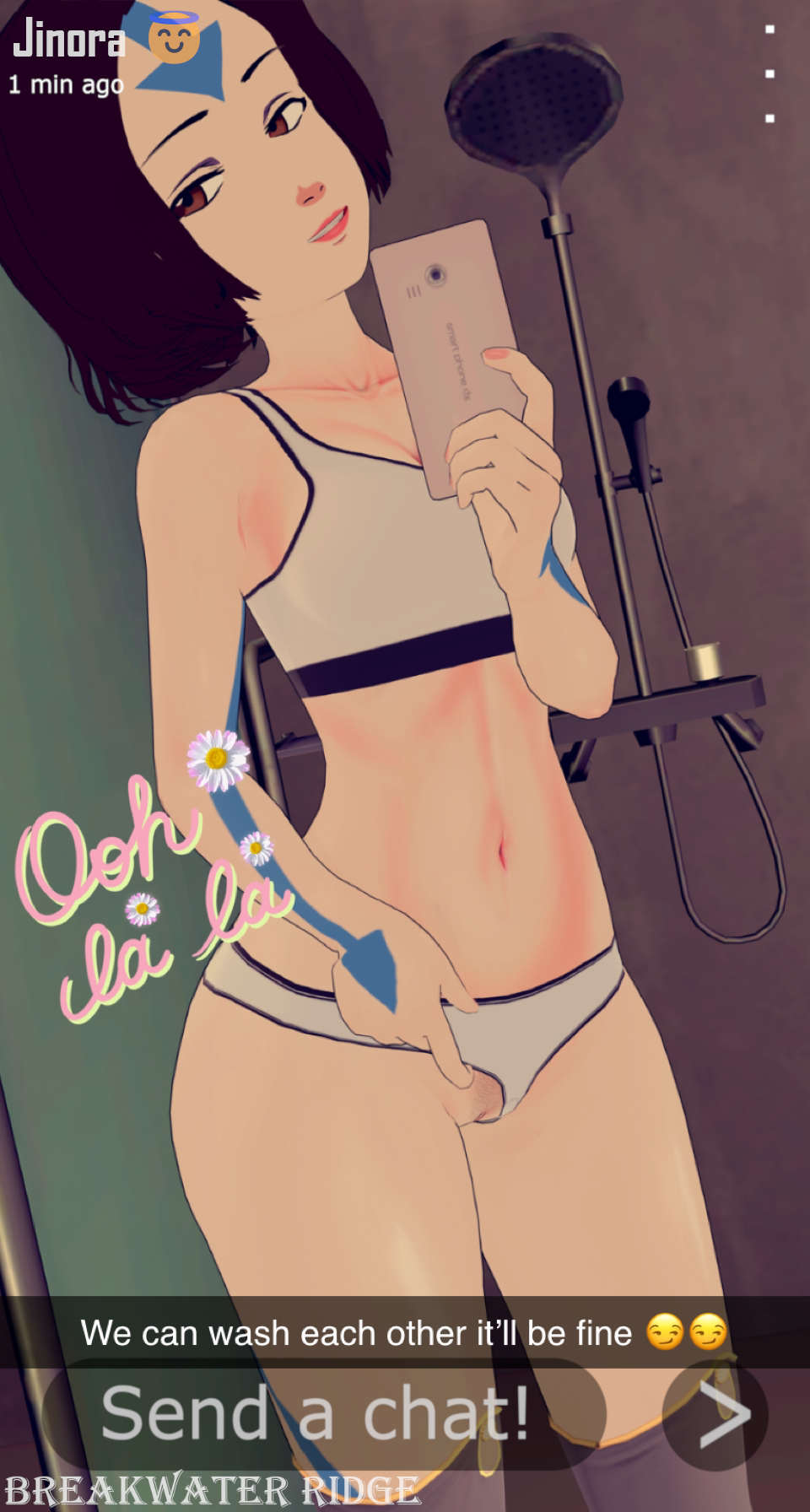 1girls air_nomad airbender_tattoo artist_name avatar_legends bra breakwater_ridge english_text female jinora panties pubic_hair selfie small_breasts snapchat tattoo text the_legend_of_korra