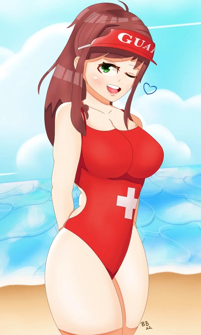 bboiarts breasts brown_hair cleavage doki_doki_literature_club green_eyes life_guard lifeguard lifeguard_swimsuit long_hair monika_(doki_doki_literature_club) one_eye_closed thick_thighs thighs