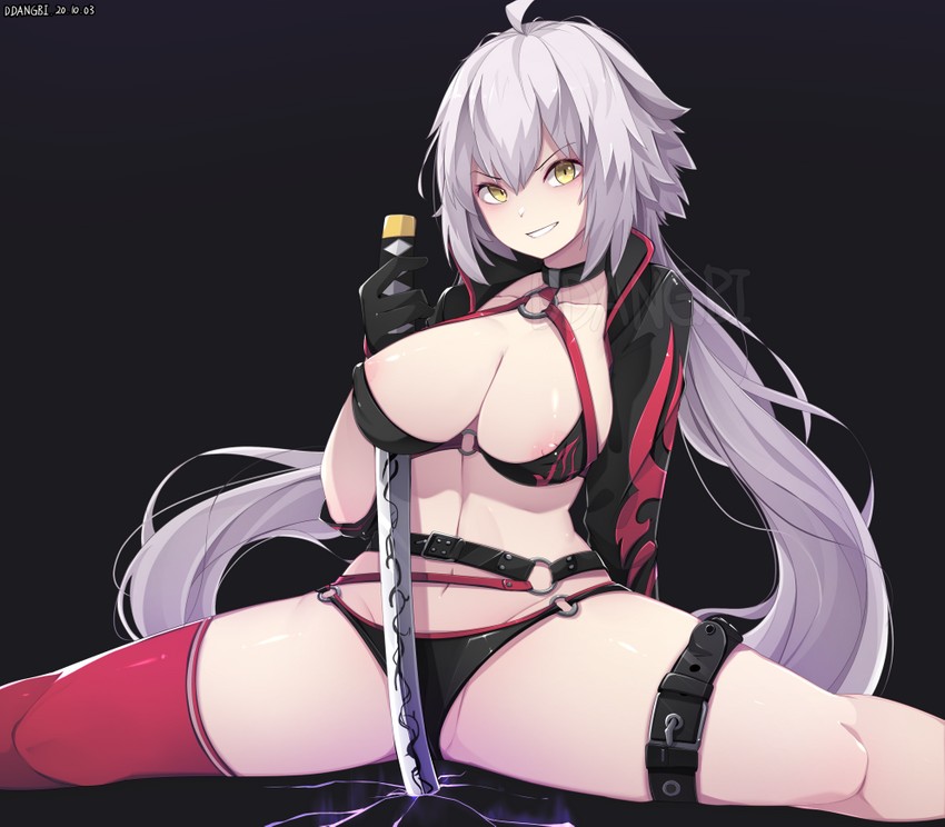 1girls ddangbi fate/grand_order fate_(series) grey_hair jeanne_alter nipple_slip partially_clothed revealing_clothes solo_female splits weapon yellow_eyes