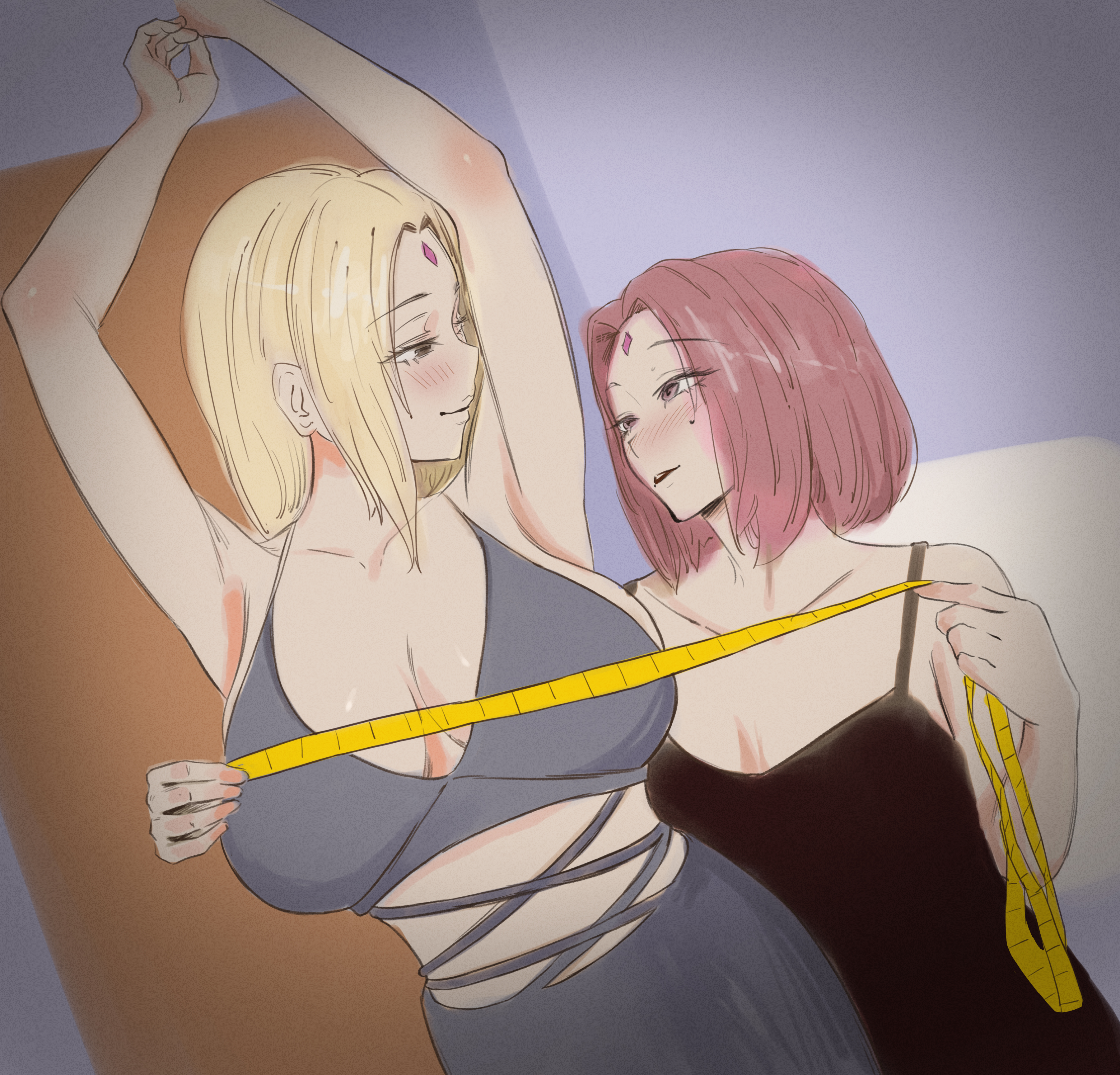 2girls, aad2dd, age difference, armpits, bare shoulders, blonde hair, blush, breast size difference, breasts, bust, dress, facial mark, female, female only, forehead mark, height difference, holding object, implied yuri, larger female, looking at another, looking at partner, measurements, measuring tape, midriff, multiple females, multiple girls, naruto, naruto (series), naruto shippuden, no bra, older female, pink hair, sakura haruno, size difference, smaller female, taller female, tsunade, voluptuous, younger female, yuri