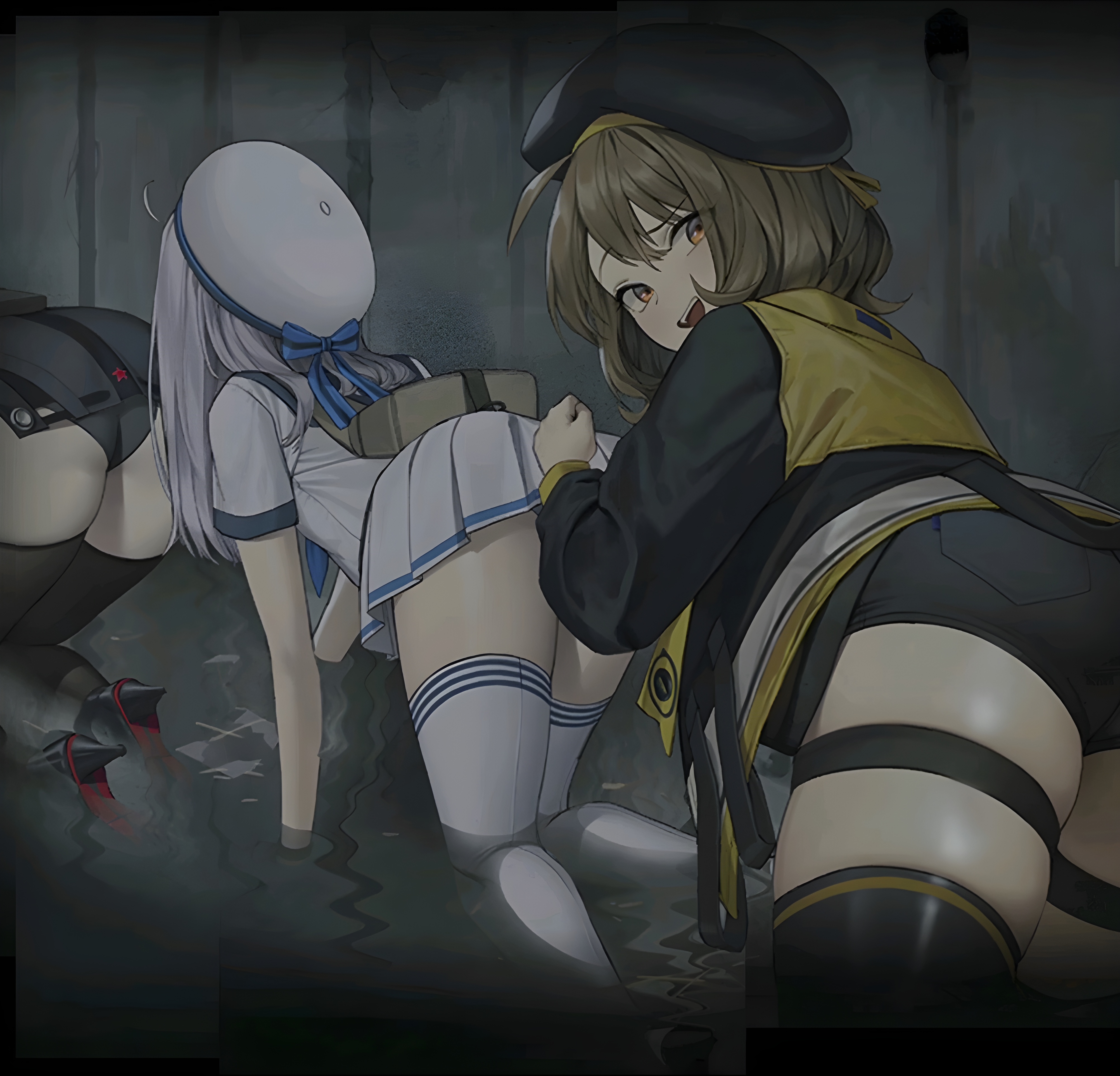 3girls, anis (nikke), ass, ass focus, back, back view, bent over, black socks, canonical scene, commander (nikke), crawling, female, female only, fully clothed, goddess of victory: nikke, hat, looking at viewer, looking back, multiple females, multiple girls, neon (nikke), on all fours, rapi (nikke), short hair, skirt, socks, thick thighs, thigh socks, thighhighs, white socks
