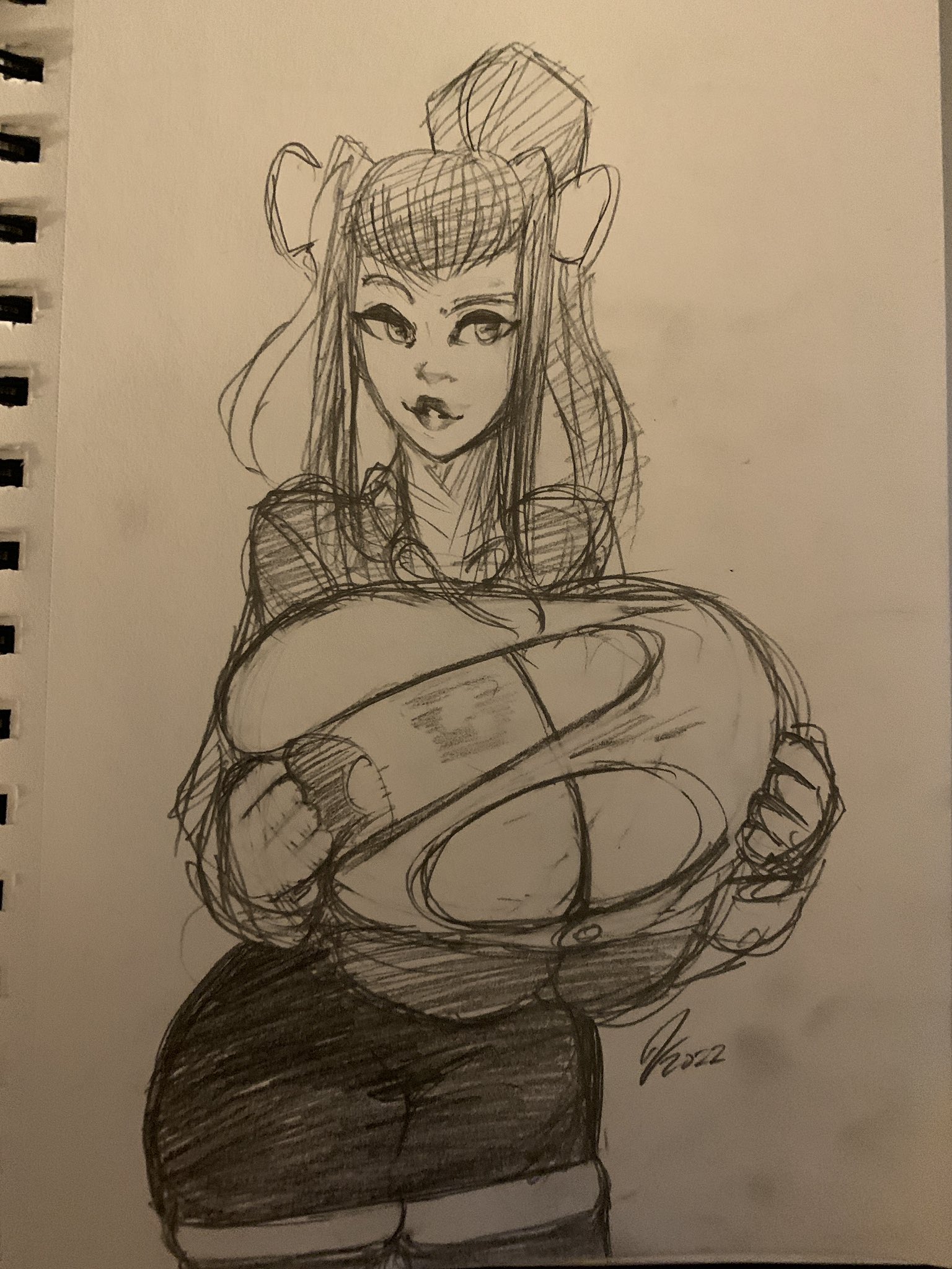 1girls, big breasts, big lips, bow, breast expansion, breast growth, breast growth (enlargement), breasts, doki doki literature club, female, glubtastic, huge breasts, legwear, lips, monika (doki doki literature club), paper, ponytail, ripped clothing, shorts, solo, thighhighs, traditional media (artwork)