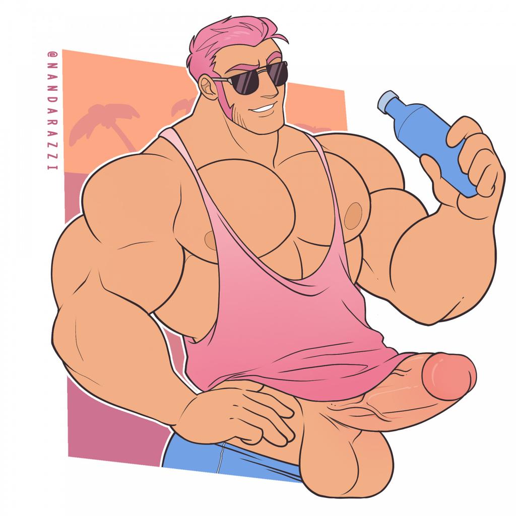 erect_penis erection hard_on male male_focus male_only muscles muscular muscular_male nandarazzi penis_out pink_hair sunglasses tank_top thick_penis veiny_penis water_bottle