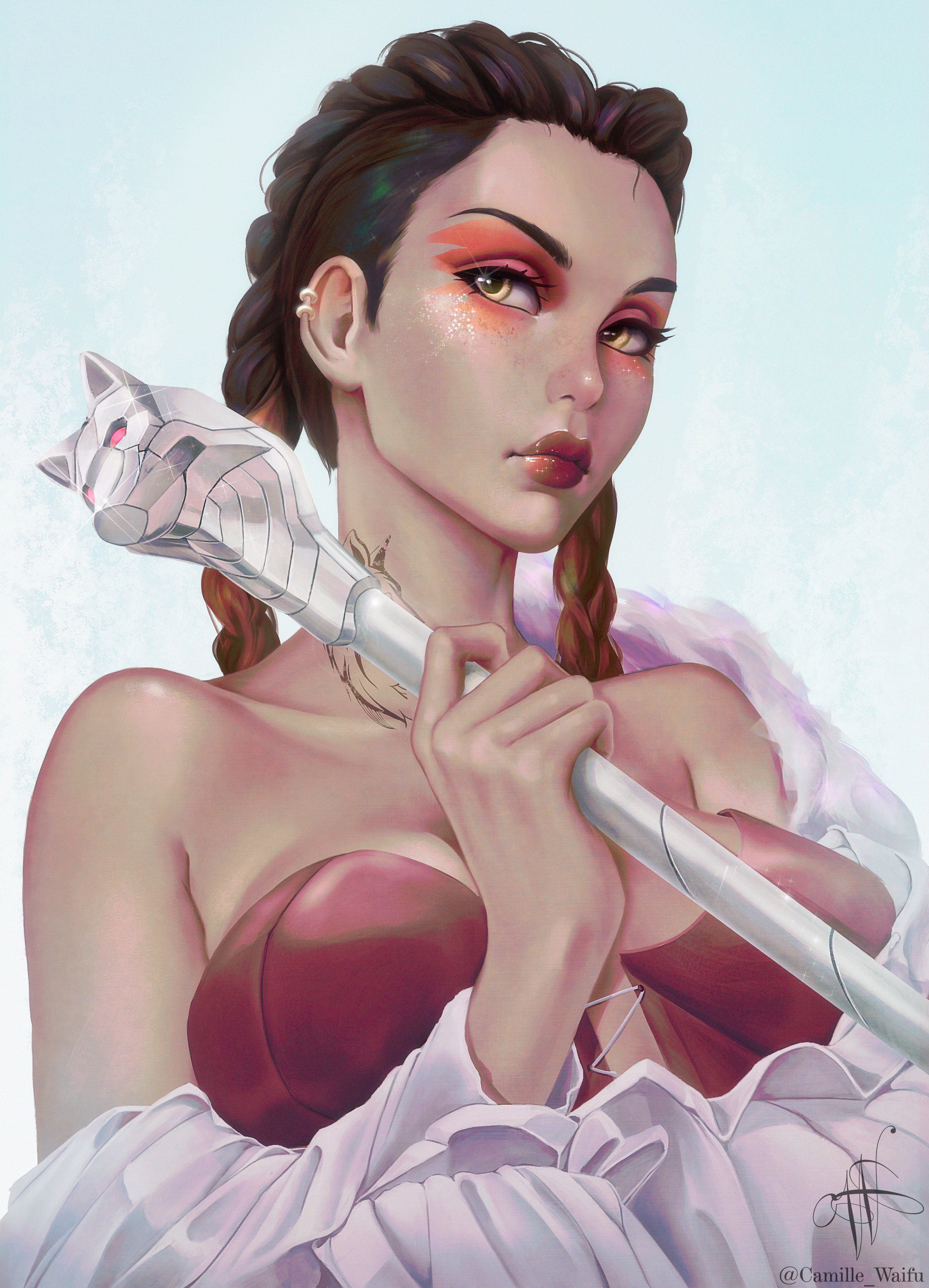 2d, alternate breast size, alternate version available, apex legends, bare shoulders, breasts, camille waifu, cleavage, dark skin, dark-skinned female, female, large breasts, latina, latina female, loba (apex legends), looking at viewer, makeup, shiny skin, solo, staff, tattoo