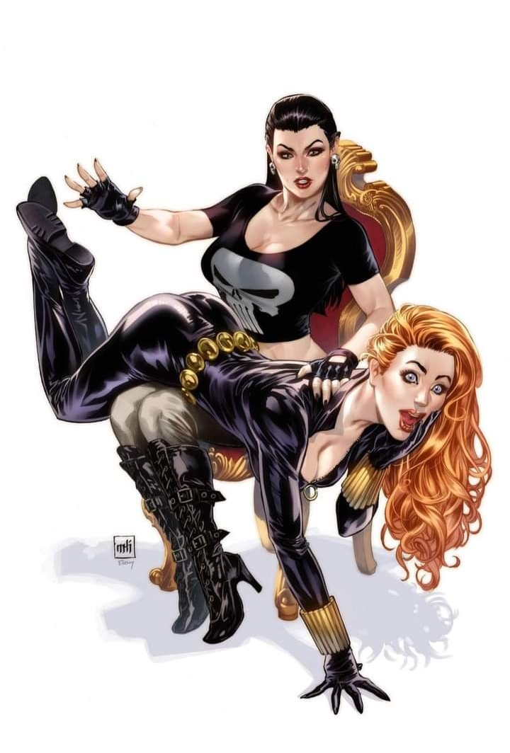 antiheroine ass avengers big_ass big_breasts black_hair black_widow_(marvel) breasts elmer_santos female female/female female_only frank_castle light-skinned_female marvel marvel_comics mike_krome natasha_romanoff punisher red_hair rule_63 spanking straight_hair superheroine tight_clothing wide_hips yuri