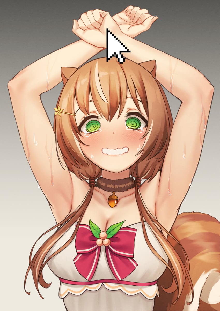 animal_ears armpits ayunda_risu blush breasts brown_hair choker cursor curvy dress embarrassed embarrassed_smile female fluffy_tail fur_choker green_eyes hololive hololive_indonesia hololive_indonesia_area_15 long_hair squirrel sweat tearing_up twintails virtual_youtuber