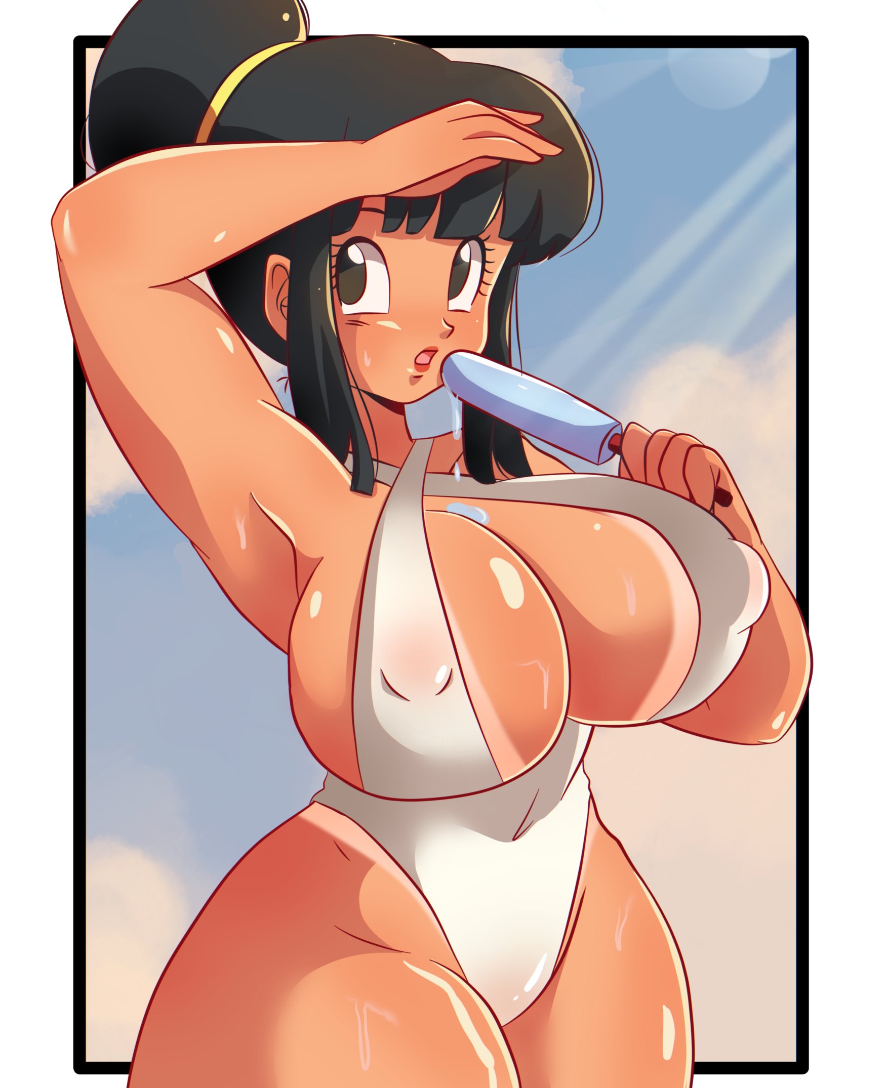 2020s, 2022, bing chilling, black eyes, black hair, chichi, dragon ball, dragon ball z, female, ice cream, kyandi db, lipstick, looking at viewer, milf, narasu016, nipple bulge, nipples, open mouth, popsicle, red lipstick, sweat, sweatdrop, swimsuit, tan body, tan skin, tanline, tongue
