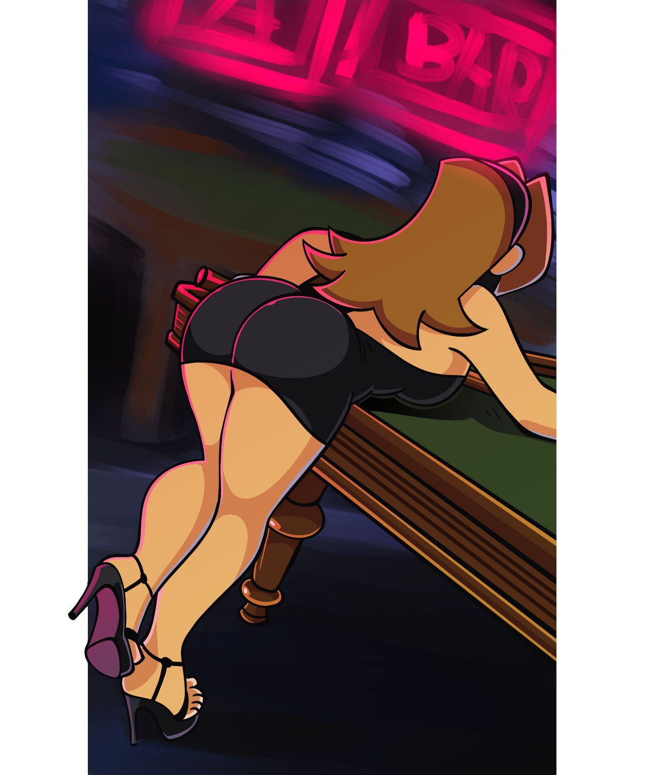 1girls ass ass_in_dress black_dress brown_hair high_heels kenzie_(omegasunburst) legs omegasunburst pool_table solo upskirt