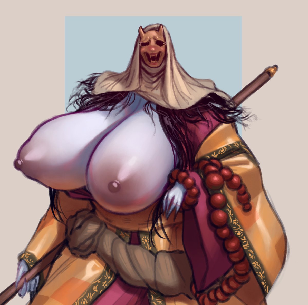 1girls bbw big_breasts breasts_out corrupted_monk covered_face exposed_breasts face_covered fromsoftware ghost_girl gray_skin grey_skin habit hannya harsh-mallowz japanese_clothes long_hair mask messy_hair monster_girl oni_horns onryo sekiro:_shadows_die_twice solo youkai