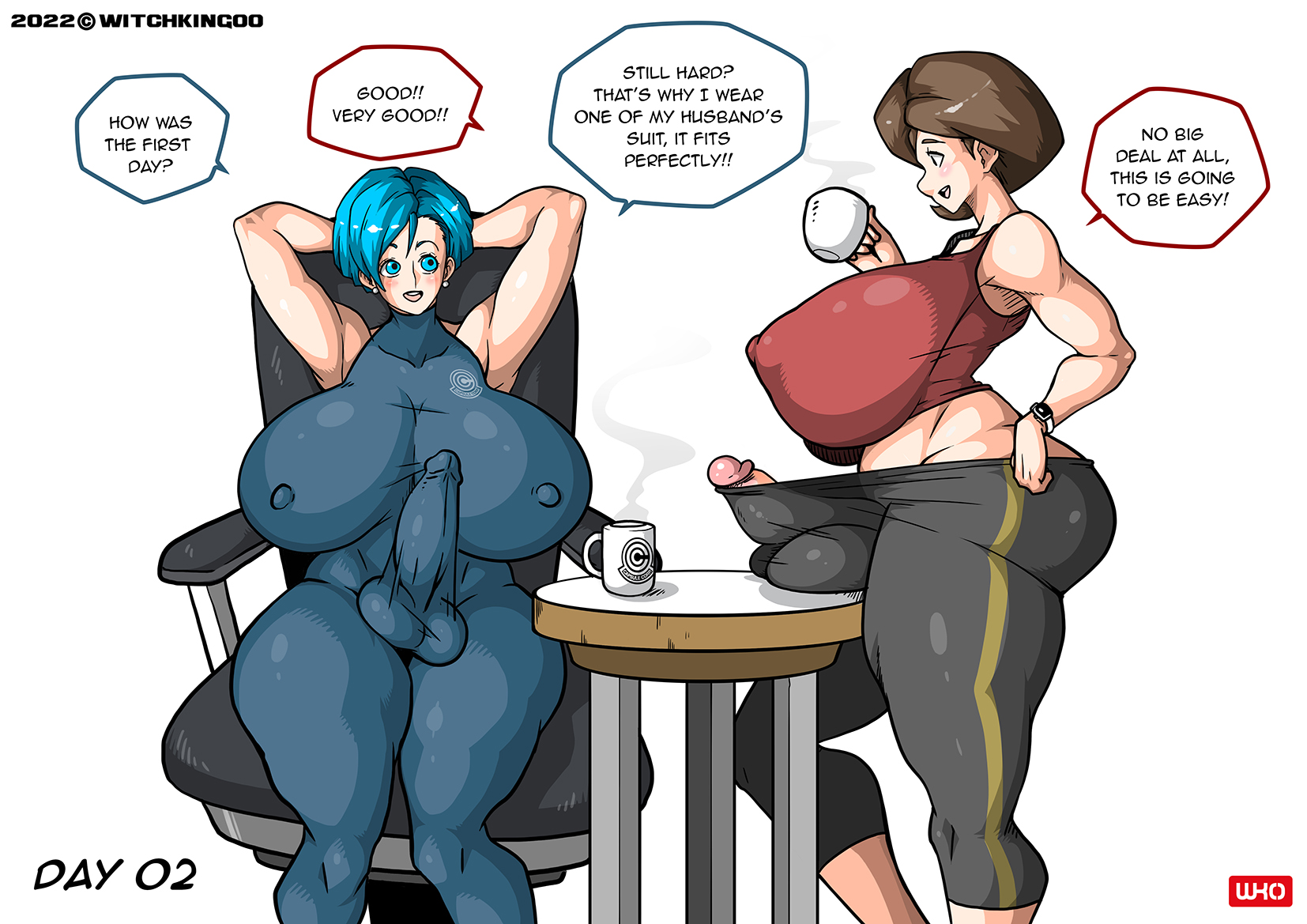 2022, 2futas, balls, big balls, big penis, blue hair, bodysuit, breasts, brown hair, bulge, bulma briefs, clothed, clothing, dialogue, disney, dragon ball, dragon ball super, english text, erection, erection under clothes, futa only, futanari, helen parr, huge breasts, human, intersex, light skin, light-skinned futa, mostly clothed, nipple bulge, no nut november, penis, penis out, pixar, pokies, short hair, sitting, smooth skin, standing, testicles, text, the incredibles, thick thighs, wide hips, witchking00