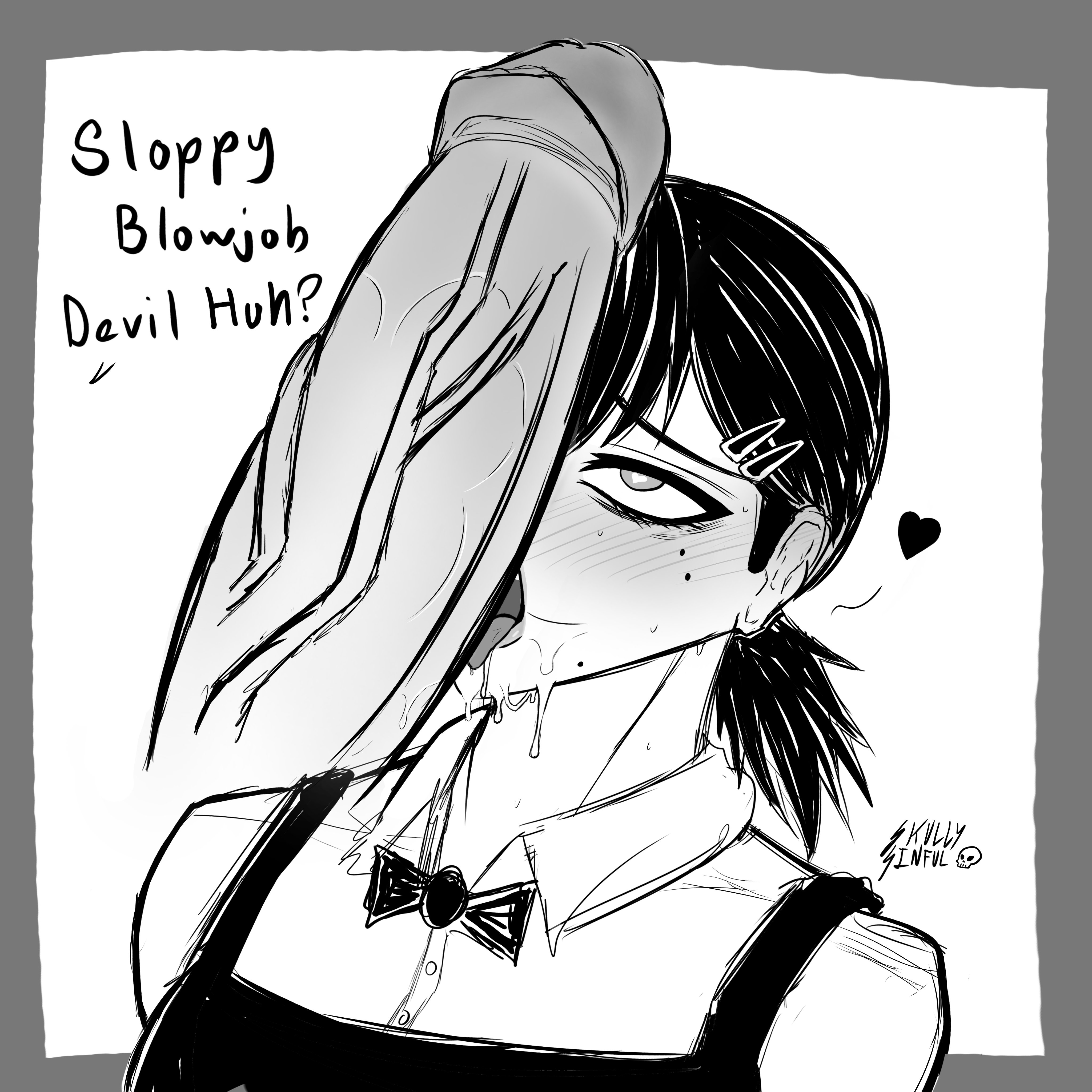 blowjob, chainsaw man, english, english text, female, higashiyama kobeni, imminent oral, male, meme, partial male, penis, sloppy blowjob, sloppy blowjob devil