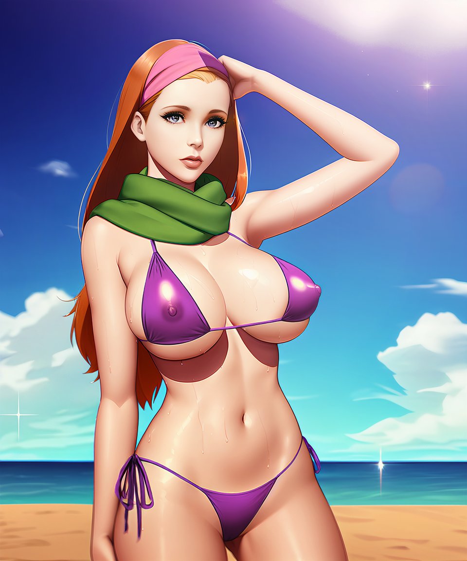 1girls, ai generated, ascot, big breasts, bikini top, breasts, daphne blake, erect nipples, female, female only, ginger hair, high resolution, light skin, light-skinned female, long hair, looking at viewer, nai diffusion, nipple bulge, nipple tweak, nipples, orange hair, pale skin, pale-skinned female, redhead, scarf, scooby-doo, solo, solo female, stable diffusion, thong