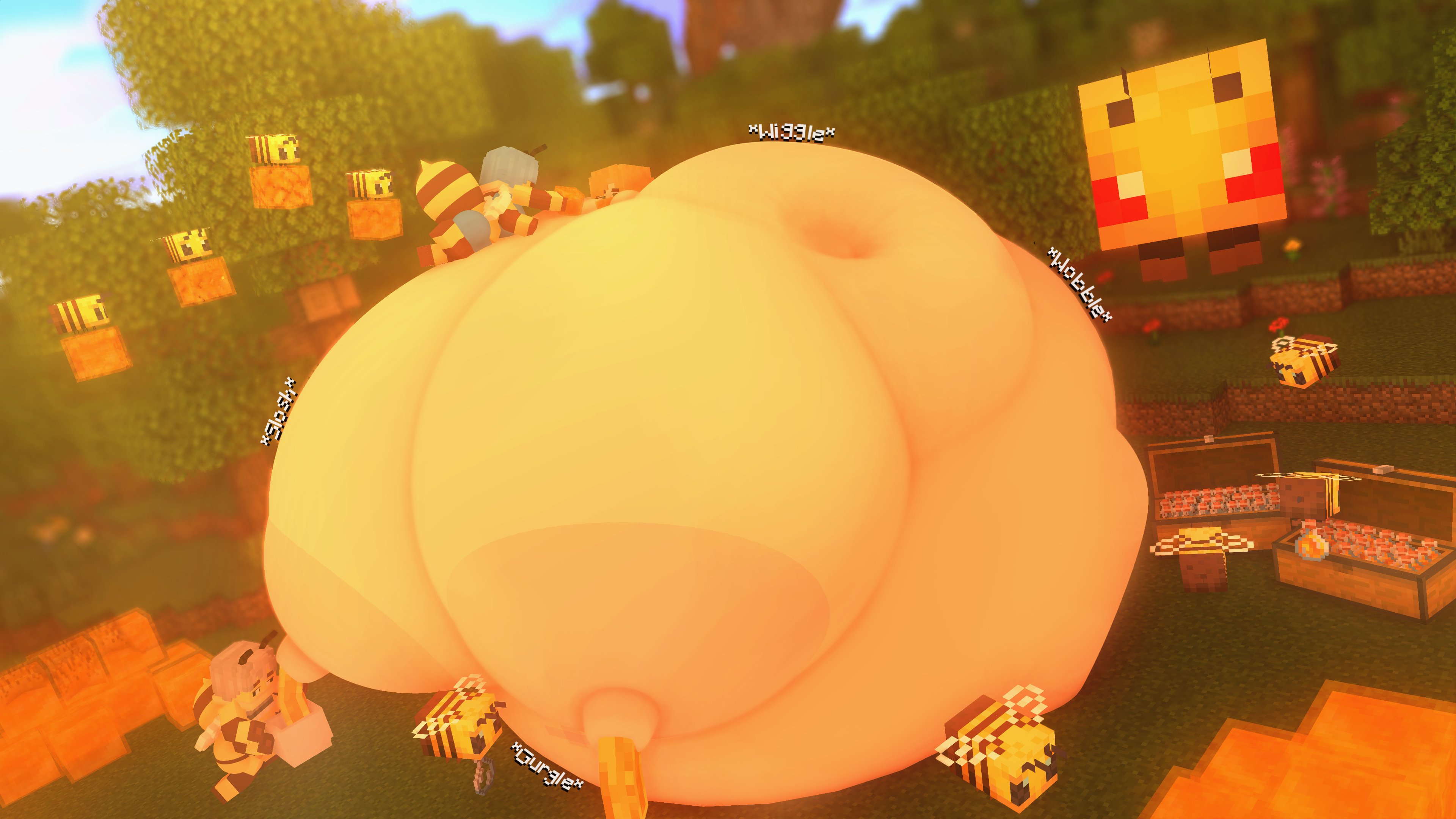 3d, alex (minecraft), areolae, bee, bee (minecraft), breasts, cappuccinodrinker, cumflation, fat, female, green eyes, honey, honey lactation, hyper, hyper belly, hyper breasts, hyper fat, inflation, lactation, light skin, light-skinned female, minecraft, nipples, overweight, red hair, spherical inflation, sunken head, sunken limbs