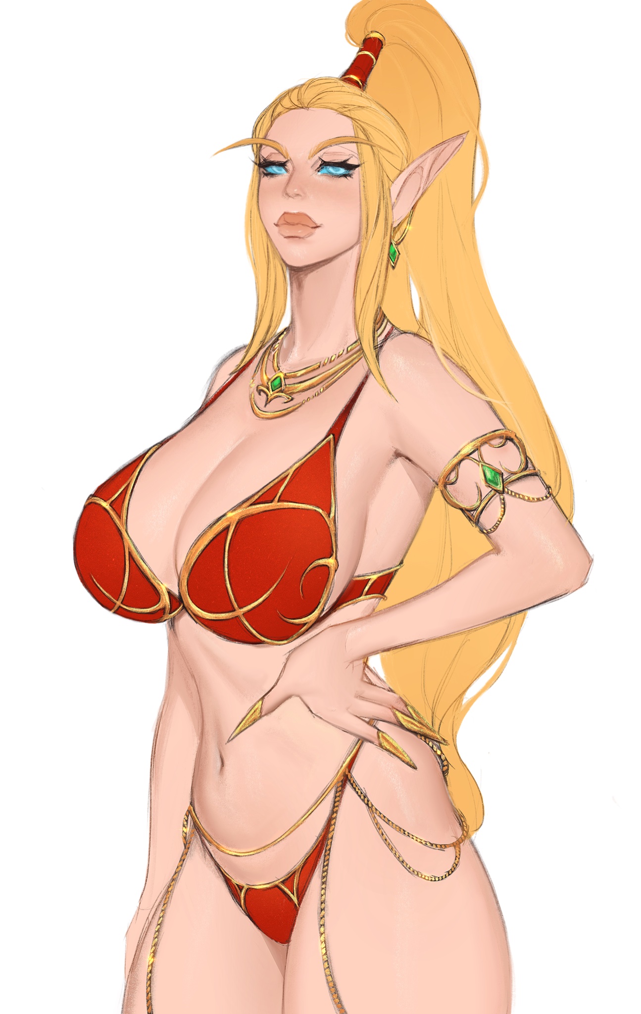 1girls, 2022, big lips, bikini, bimbo, blizzard entertainment, blonde hair, blood elf, blue eyes, breasts, elf, elf ears, elf female, elf girl, fantasy, female, gold jewelry, jewelry, large breasts, lingerie, long fingernails, long hair, looking at viewer, original, original character, ponytail, red bikini, solo, warcraft, world of warcraft, ykshelter