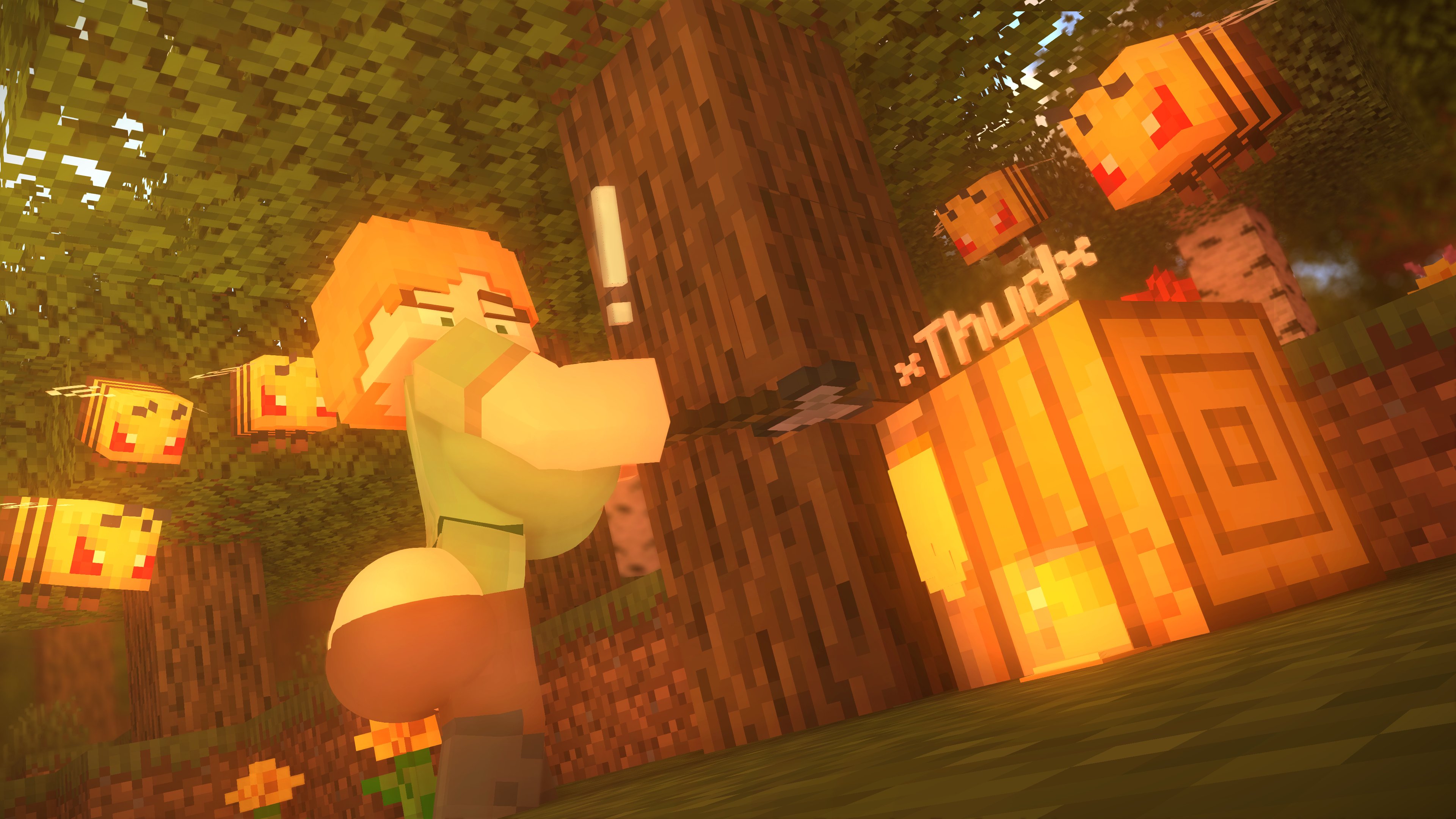 3d, alex (minecraft), angry, ass, axe, bee, bee (minecraft), breasts, cappuccinodrinker, exclamation point, female, minecraft, square head, standing