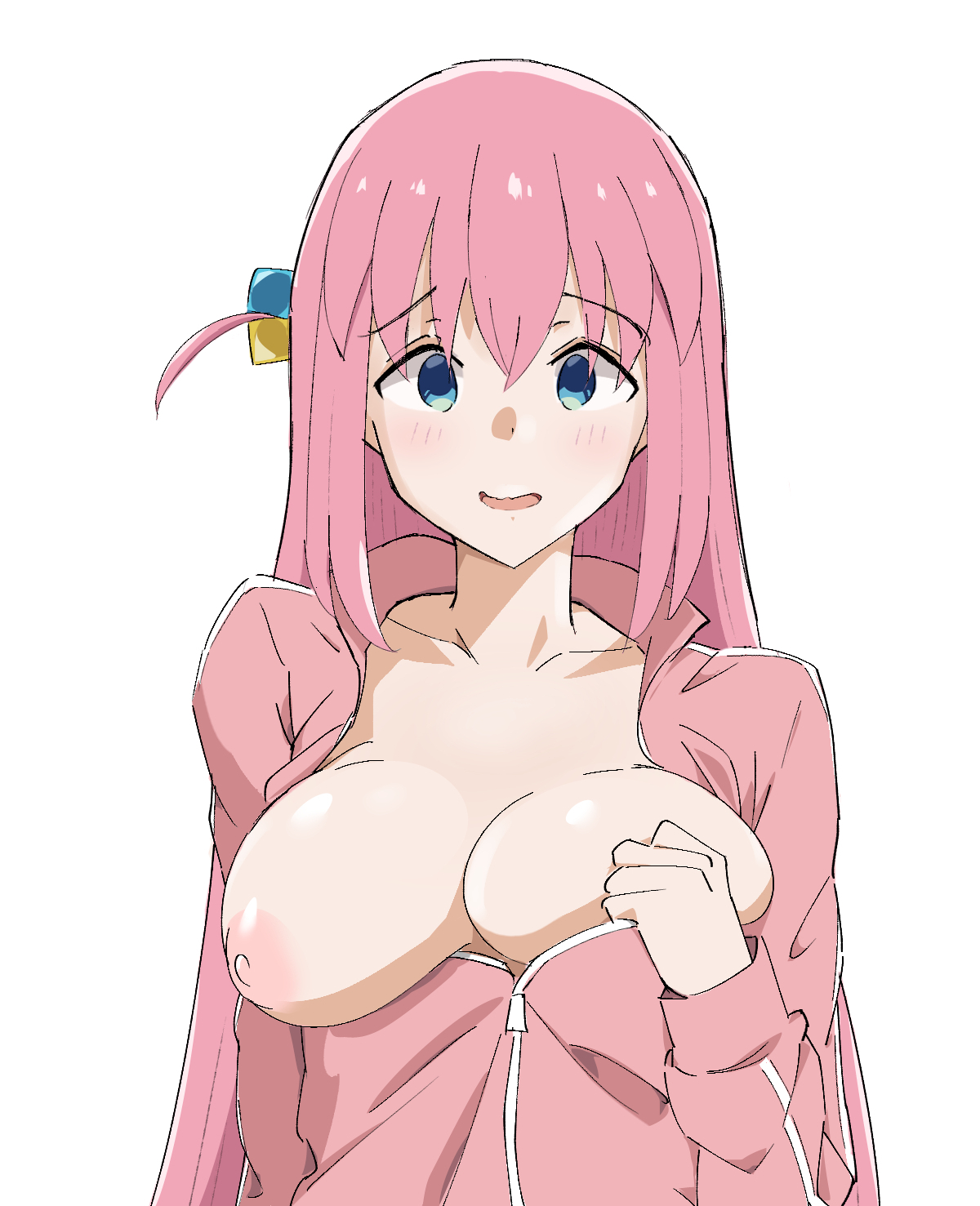 1girls, blue eyes, blush, bocchi the rock!, breasts, collarbone, cube hair ornament, female, gotou hitori, hair ornament, highres, jacket, kurusux, large breasts, long hair, looking at viewer, nipples, no bra, one breast out, open mouth, pink hair, shiny, shiny hair, solo, track jacket, upper body, white background