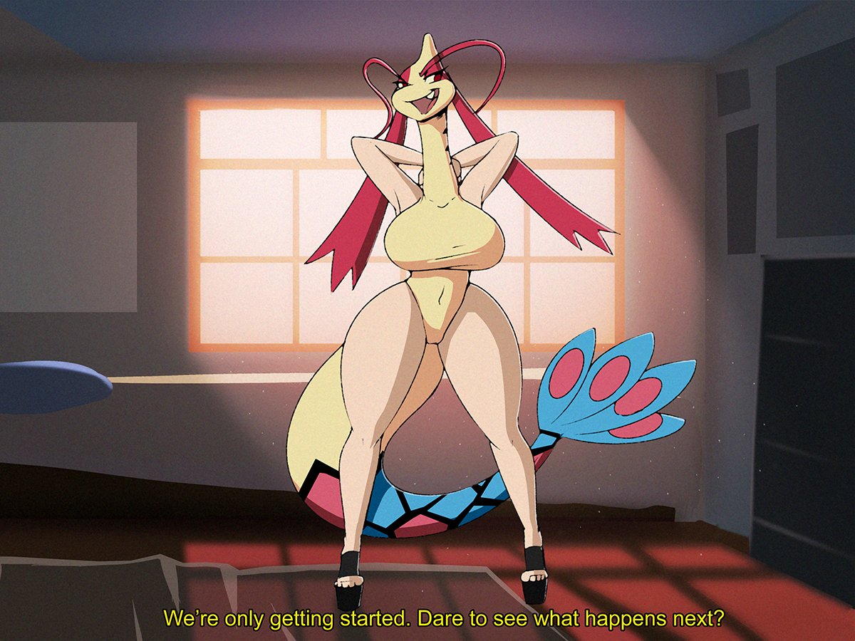 2020 4:3 after_transformation antennae_(anatomy) anthro armpits barely_visible_genitalia barely_visible_pussy big_breasts black_high_heels blue_body breasts clothing dialogue dracojeff female fin footwear generation_3_pokemon genitals hands_on_neck high_heels implied_transformation inside long_neck long_tail milotic multicolored_body nintendo open_mouth pokemon pokemon_(species) pussy red_body red_eyes solo standing suit_transformation tail_fin tan_body transformation video_games window