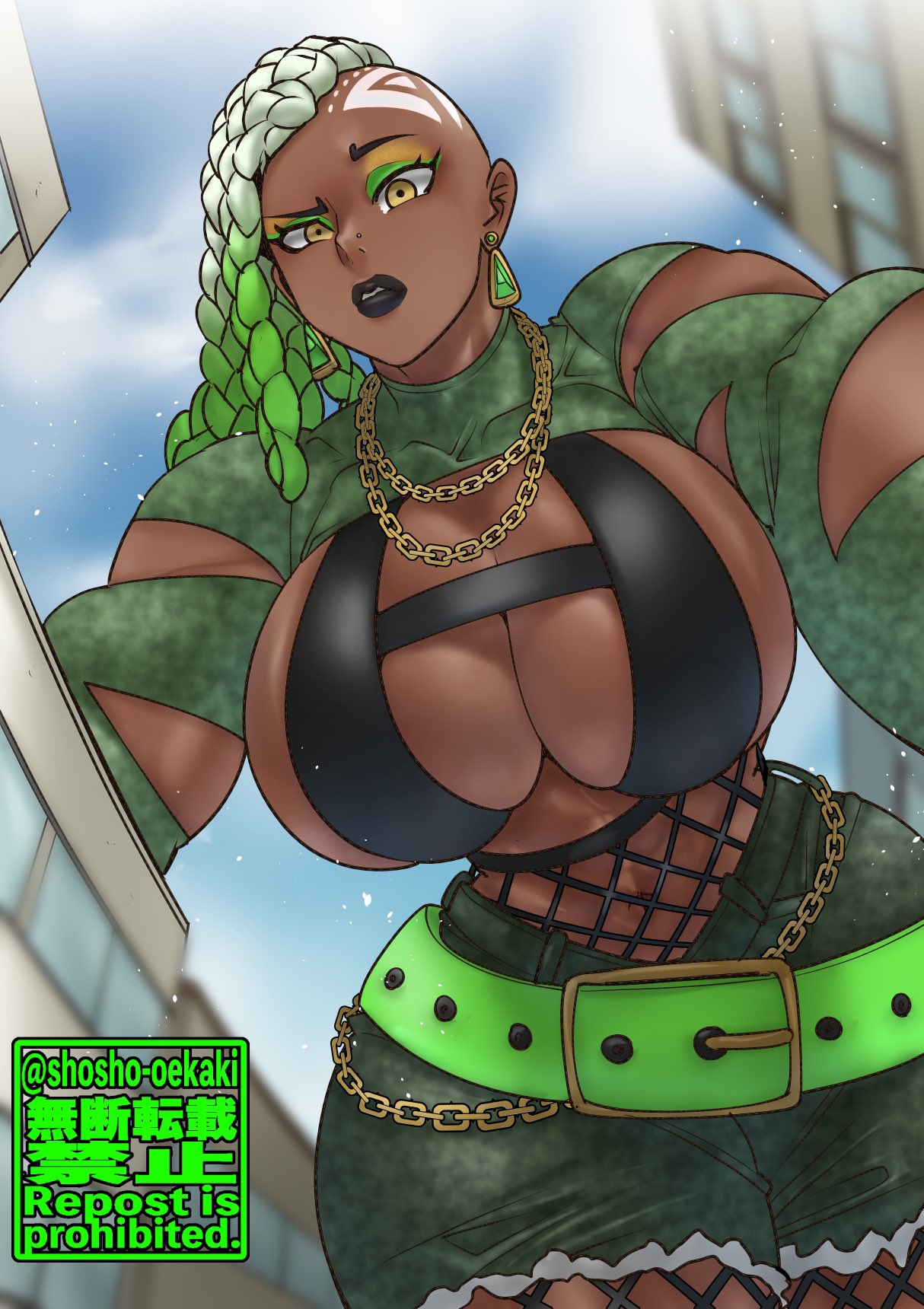 belt, braids, breasts, female, fishnets, giantess, half shaved head, head markings, huge breasts, large breasts, looking down, minishorts, neckchain, oc, original, original character, ripped clothes, ripped clothing, shosho oekaki, thick thighs, wide hips