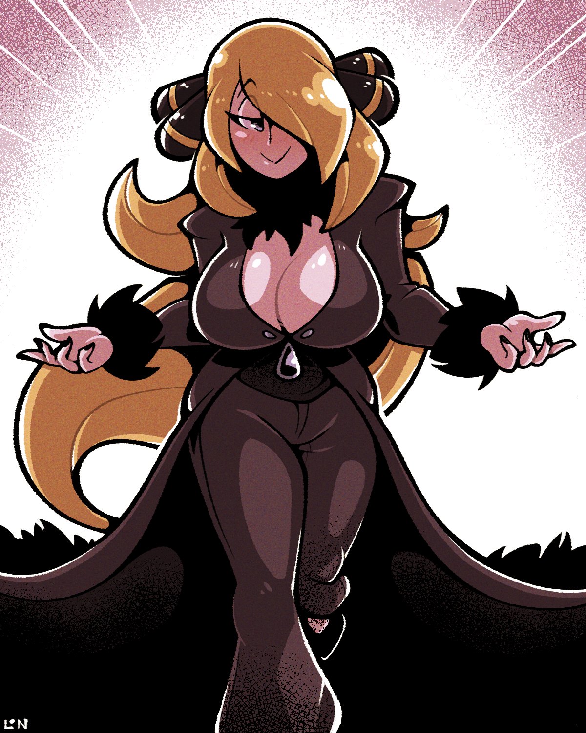 big breasts, blonde hair, breasts, cleavage, clothed, cynthia (pokemon), female, game freak, legendofnerd, looking at viewer, nintendo, one eye obstructed, pokemon, pokemon dppt, smug