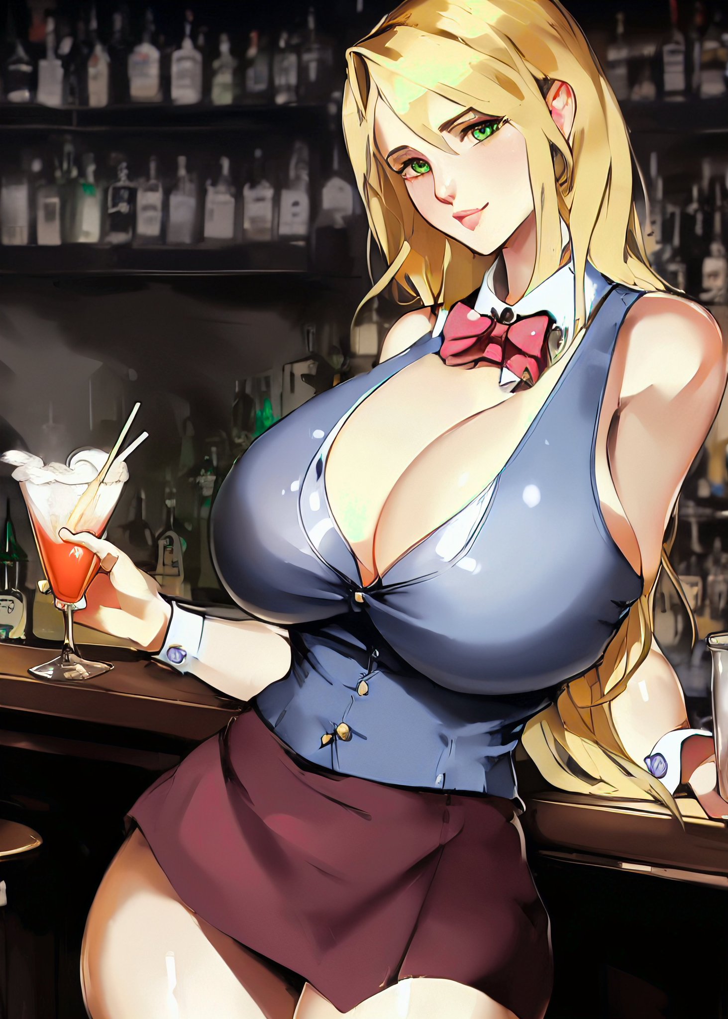 1girls, ai generated, alternate breast size, big breasts, blonde hair, breasts, bulging breasts, cleavage, clothed female, curvaceous, curvy female, curvy figure, female, female only, high resolution, looking at viewer, original, solo, stable diffusion, voluptuous female