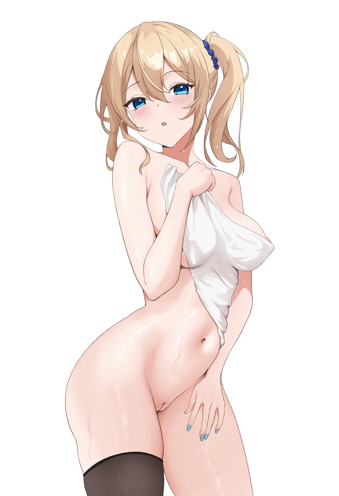 1girls, bangs, blonde hair, blue eyes, blue fingernails, blue hairband, blush, breasts, coro fae, female, functionally nude, hair between eyes, hair ornament, hairband, hand on own breast, hand on own thigh, hayasaka ai, highres, kaguya-sama wa kokurasetai ~tensai-tachi no renai zunousen~, looking at viewer, nail polish, navel, nipple slip, nude, one thighhigh, open mouth, pussy, raised eyebrows, short hair, side ponytail, simple background, solo, stomach, uncensored, white background