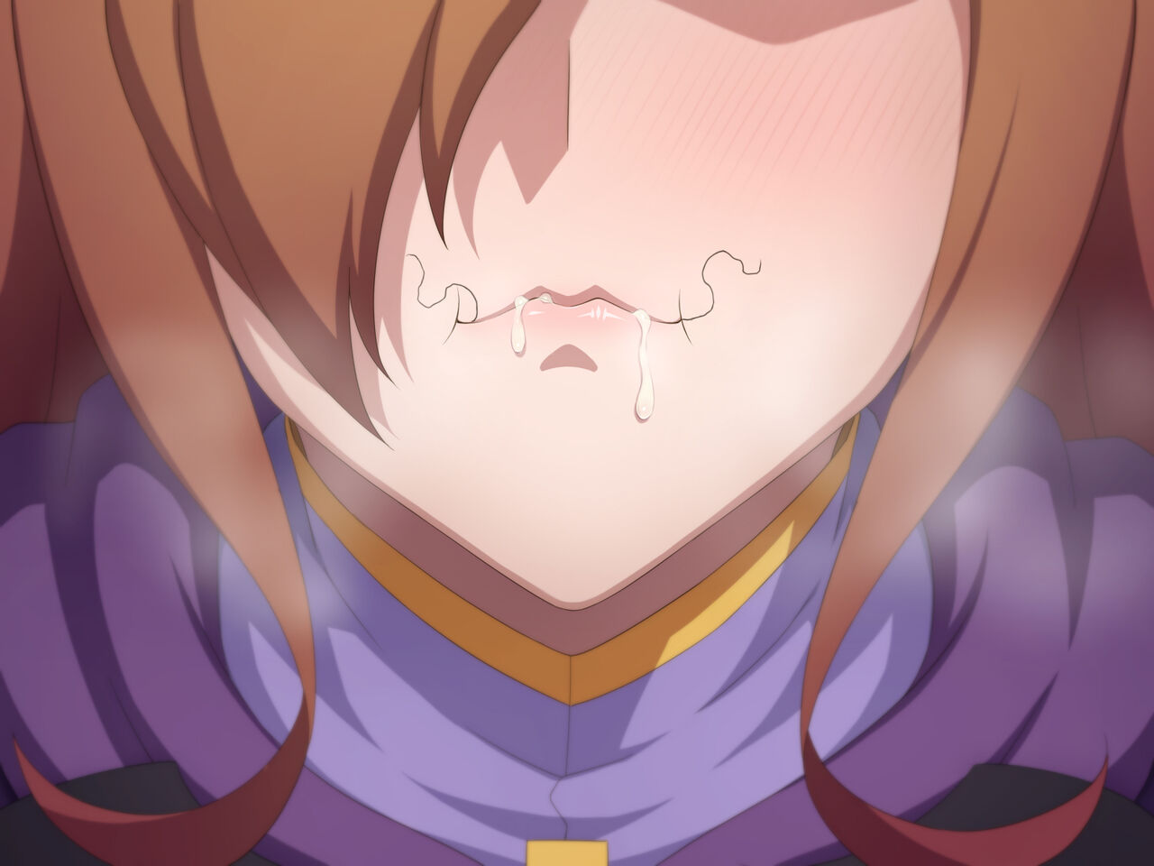 after oral, brown hair, closed mouth, clothed, clothed female, cum, cum in mouth, dripping cum, female, kono subarashii sekai ni shukufuku wo!, lips, pubic hair, pubic hair in mouth, pubic hair on face, smiling, stray pubic hair, tedain, wiz (konosuba)
