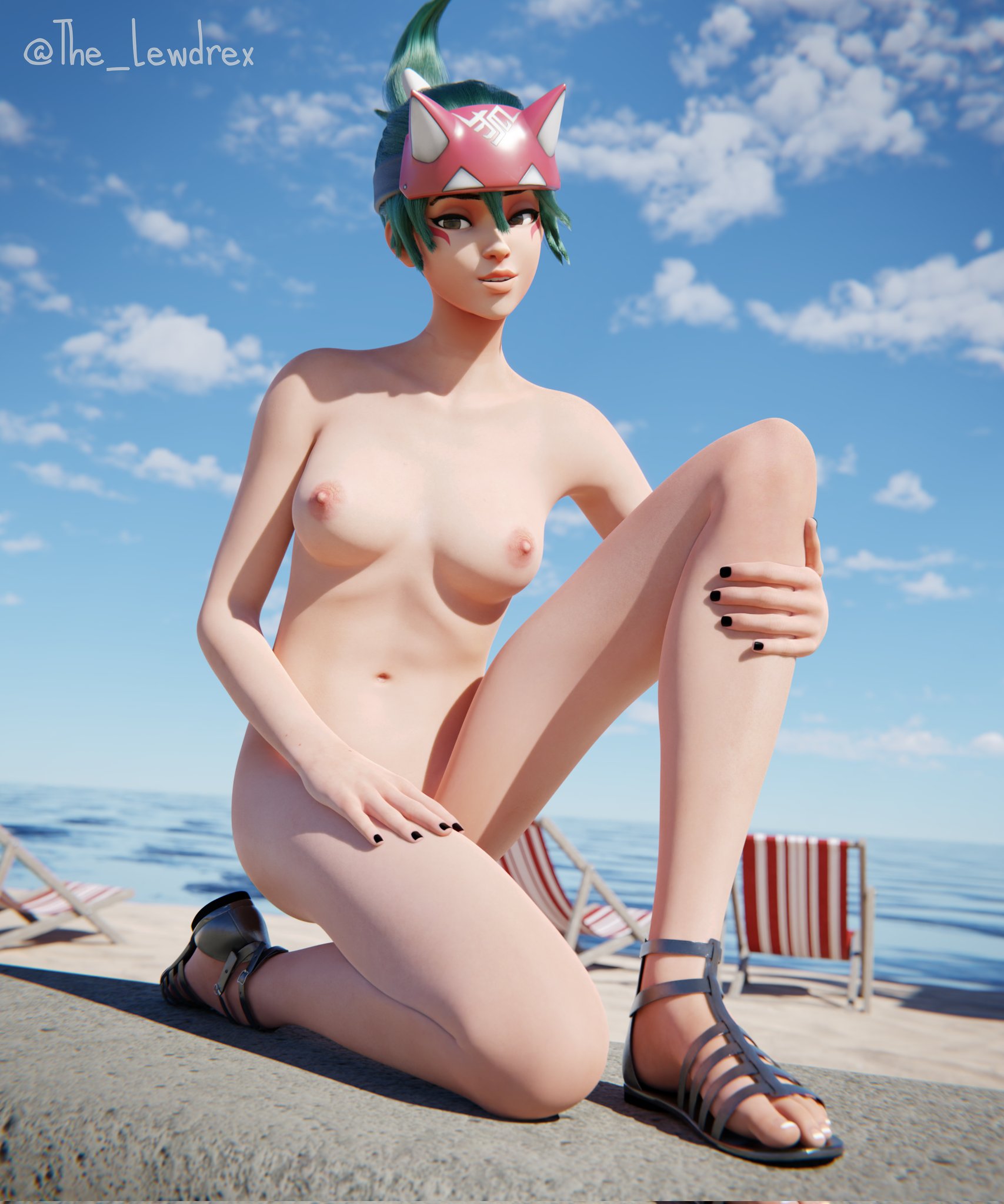 1girls, 3d, areolae, asian, asian female, beach, beach chair, blender, blizzard entertainment, bottomless, breasts, completely nude, detailed background, face markings, female, female focus, female only, green hair, headband, headgear, headwear, kiriko (overwatch), lewdrex, light skin, light-skinned female, looking at viewer, medium breasts, naked footwear, nipples, nude, nude female, on knees, overwatch, overwatch 2, sand, sandals, solo, topless, watermark