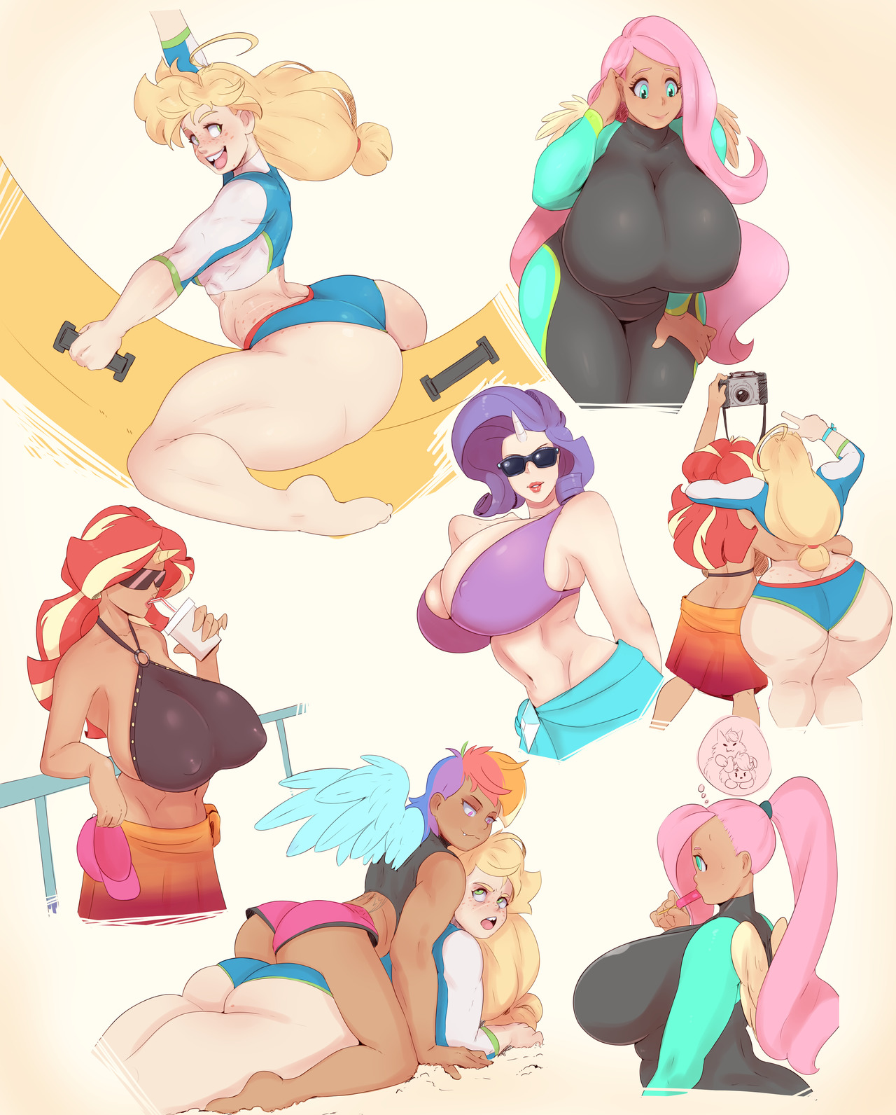 5girls, absurdres, applejack (eg), applejack (mlp), ass, big breasts, breast size difference, breasts, camera, equestria girls, female, female only, fluttershy (eg), fluttershy (mlp), friendship is magic, hasbro, higher resolution available, highres, huge ass, huge breasts, human, humanized, large breasts, mature, mature female, milf, muscles, muscular, muscular female, my little pony, one-piece swimsuit, peace sign, rainbow dash (eg), rainbow dash (mlp), rarity (eg), rarity (mlp), smooth skin, sunnysundown, sunset shimmer, swimsuit, venus body, wetsuit