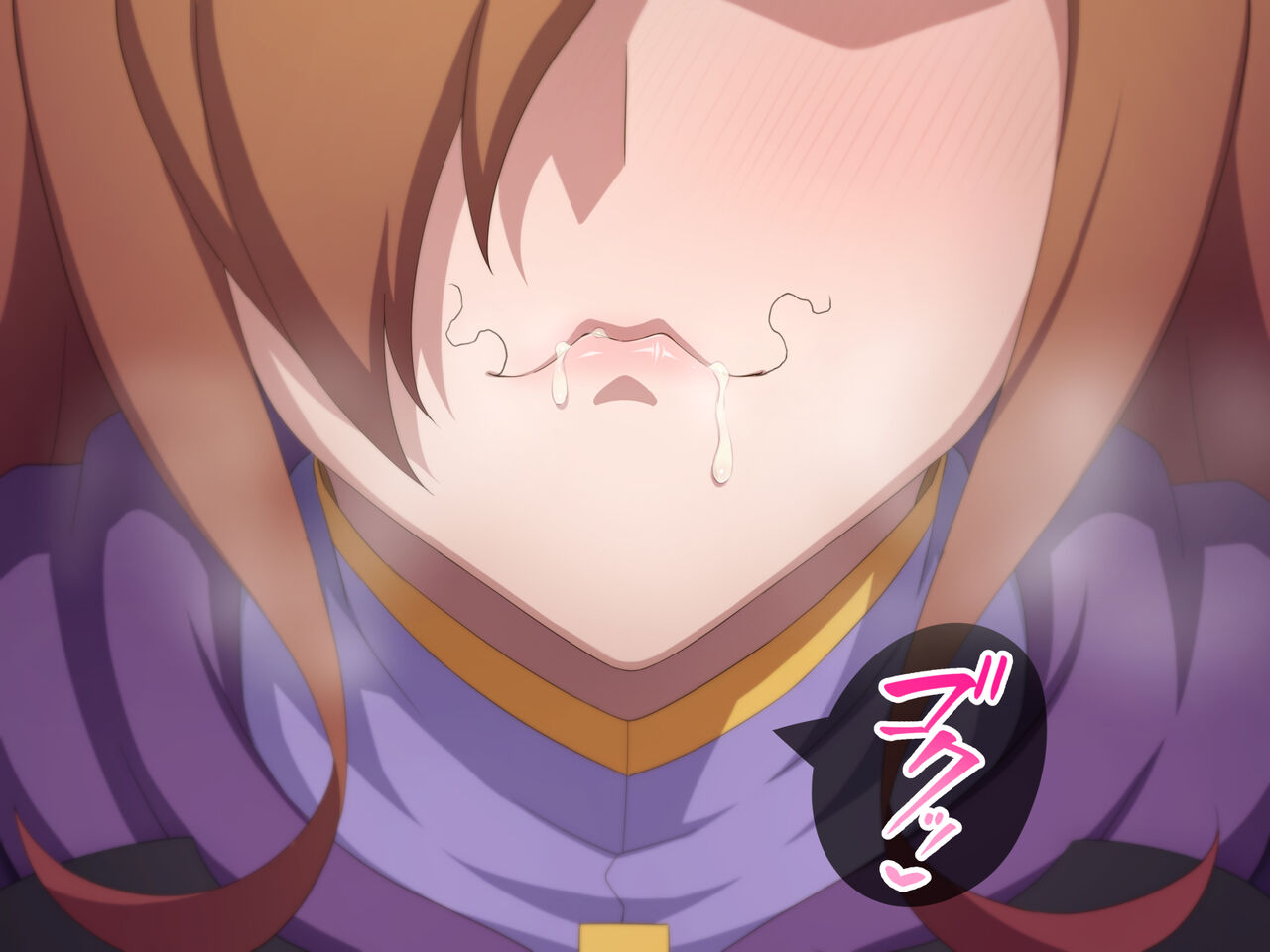 after oral, brown hair, closed mouth, clothed, clothed female, cum, cum in mouth, dripping cum, female, gokkun, kono subarashii sekai ni shukufuku wo!, lips, onomatopoeia, pubic hair, pubic hair in mouth, pubic hair on face, smiling, stray pubic hair, swallowing, swallowing cum, tedain, wiz (konosuba)