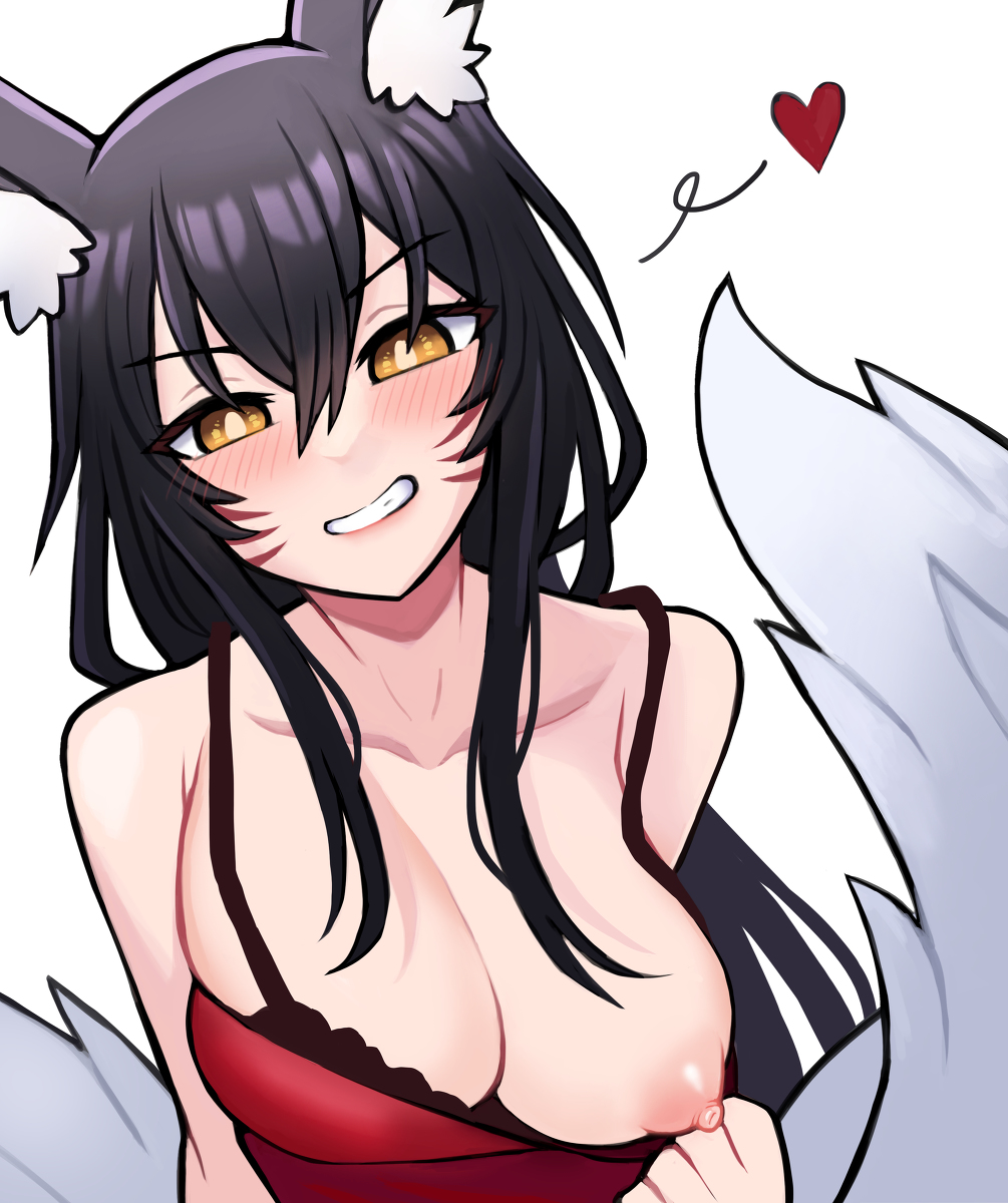 ahri, animal ear fluff, animal ears, animal girl, big breasts, black hair, breasts, busty, cleavage, clothing, eyelashes, eyeliner, eyeshadow, facial markings, female, fluffy, fluffy ears, fluffy tail, fluffy tails, fox, fox ears, fox girl, fox tail, furry tail, humanoid, inner ear fluff, jerrytz, kemonomimi, kitsune, large breasts, league of legends, light skin, light-skinned female, long hair, multi tail, nine tailed fox, pale skin, pale-skinned female, riot games, tail, teasing, teasing viewer, vastaya, video games, yellow eyes