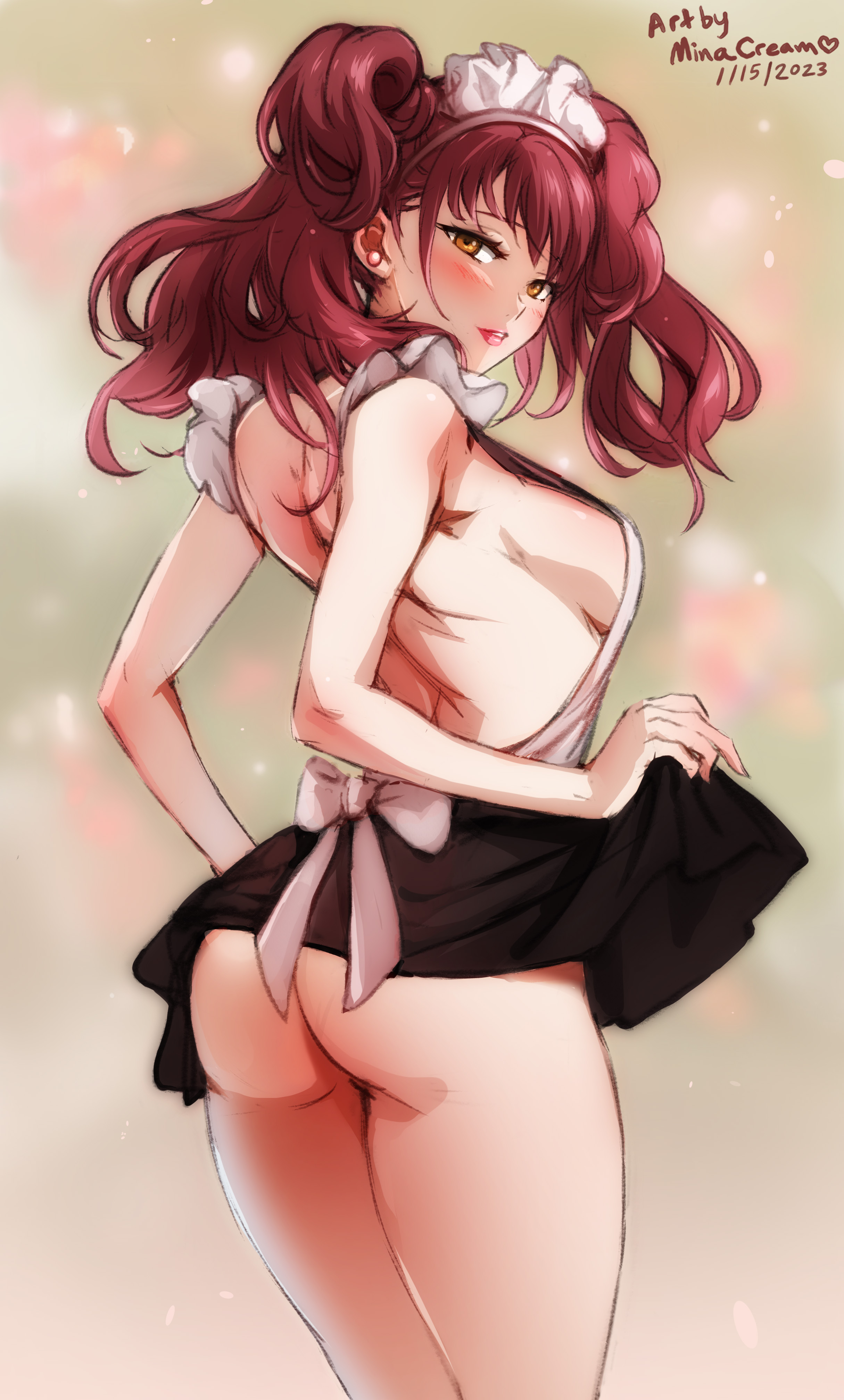 1girls, 2020s, 2023, apron, ass, bare back, blush, brown hair, clothed, female, female only, highres, kujikawa rise, looking at viewer, looking back, maid, maid headdress, minacream, persona, persona 4, skirt, skirt lift, solo, twintails