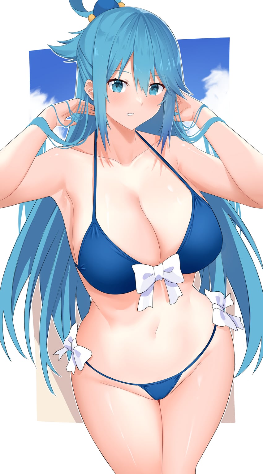 1girls, aqua (konosuba), arind yudha, bangs, bare arms, bare shoulders, big breasts, bikini, blue bikini, blue eyes, blue hair, blush, breasts, busty, cleavage, collarbone, female, hair ornament, hands in hair, hands up, highres, kono subarashii sekai ni shukufuku wo!, large breasts, light skin, light-skinned female, long hair, navel, parted lips, smile, solo, swimsuit, thighs