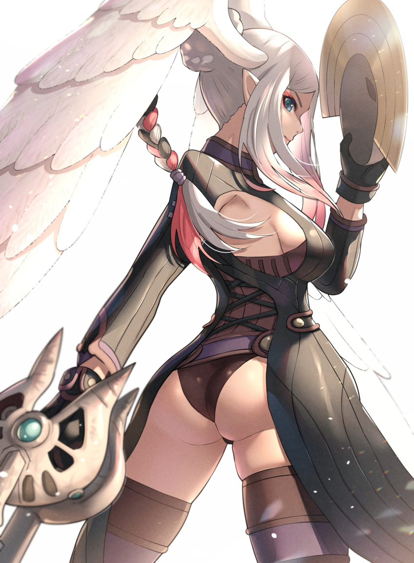 ass big_ass blue_eyes braid breasts clothed gonzarez huge_ass large_breasts long_hair makeup mask sideboob silver_hair solo_female streaked_hair thick_thighs thighhighs thighs tyrea_(xenoblade) wings wings_on_head xenoblade_(series) xenoblade_chronicles