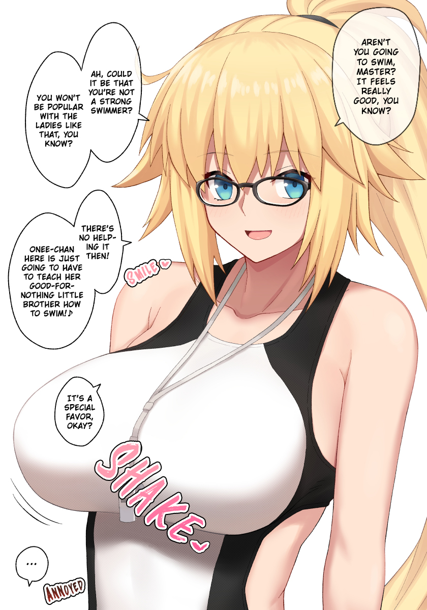 ..., 1girls, bangs, bare shoulders, black hairband, blonde hair, blue eyes, breasts, collarbone, english text, eyebrows visible through hair, fate (series), fate/grand order, female, fujimaru ritsuka (male), glasses, hairband, hard translated, jeanne d'arc (fate), large breasts, looking at viewer, male, one-piece swimsuit, open mouth, pononozo, ponytail, pov, sidelocks, simple background, smile, speech bubble, swimsuit, third-party edit, translated, upper body, whistle around neck, white background