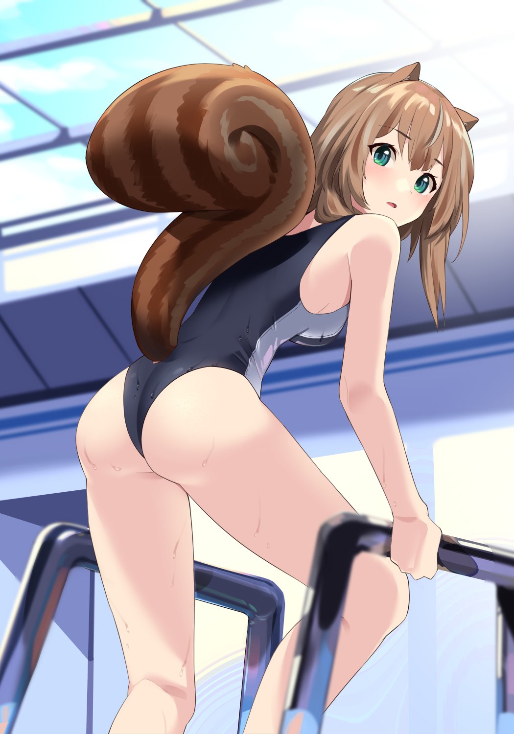 animal ears, ass, ayunda risu, bottom view, brown hair, female, green eyes, hololive, hololive indonesia, hololive indonesia area 15, light skin, light-skinned female, one-piece swimsuit, swimsuit, tail, thighs, virtual youtuber, white skin, yuyu5x