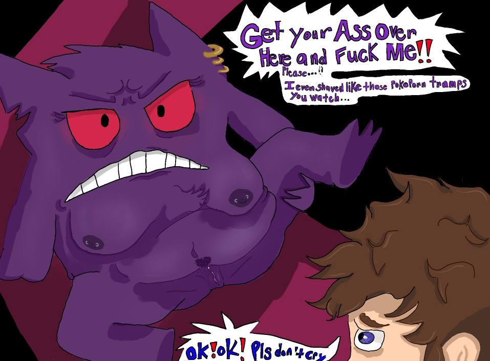 anthro ass begging breasts dialogue discodemon duo english_text female generation_1_pokemon gengar genitals genny_(discodemon) human male male/female mammal nintendo piercing pokémon pokemon_(species) presenting presenting_hindquarters profanity purple_body pussy red_eyes text video_games