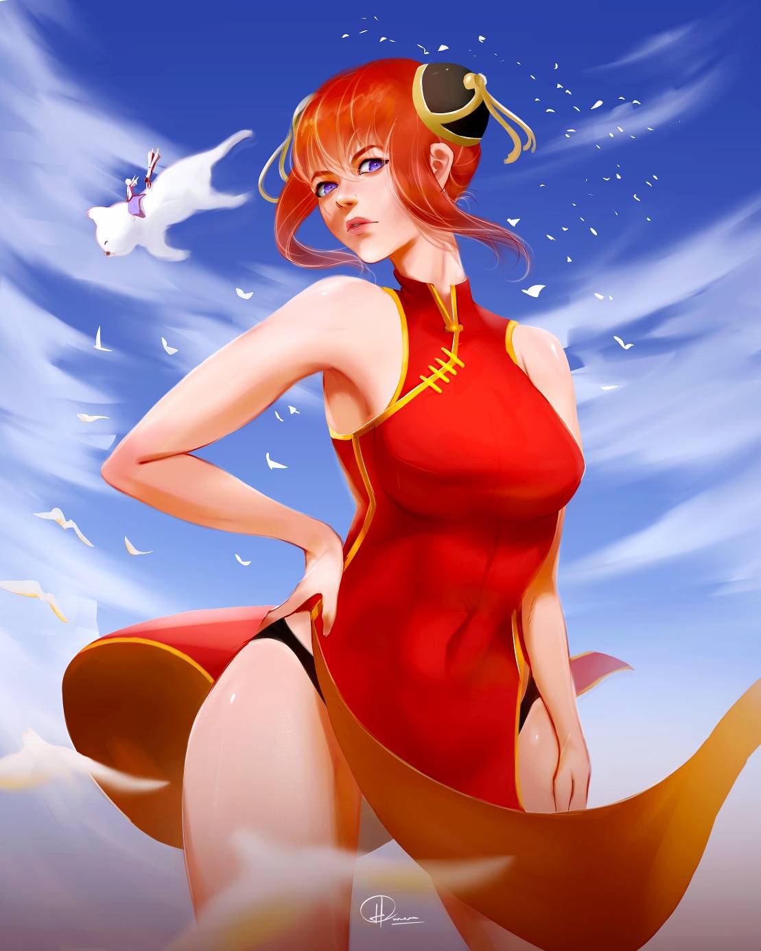 1girls aged_up black_panties blue_eyes breasts bun_cover china_dress chinese_clothes double_bun female female_only fully_clothed gintama gintoki_sakata hair_ornament hand_on_hip kagura_(gintama) looking_at_viewer orange_hair panties pelvic_curtain red_dress red_hair sadaharu shimura_shinpachi side_slit sleeveless solo_focus tight_clothing wide_hips