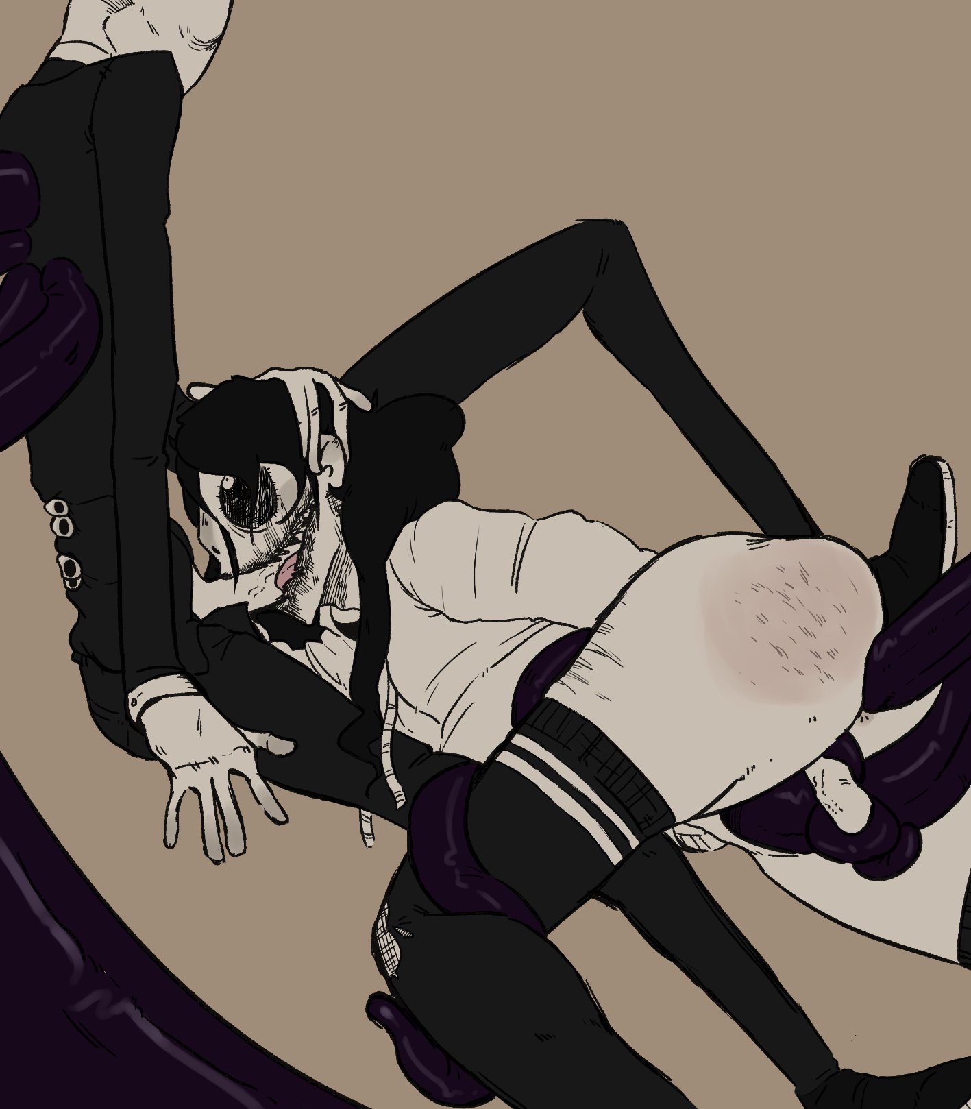 black sclera, black suit, clothed sex, creepypasta, hoodie, jeff the killer, male, male/male, simple background, slenderman, suit, tagme, thighhighs, white hoodie