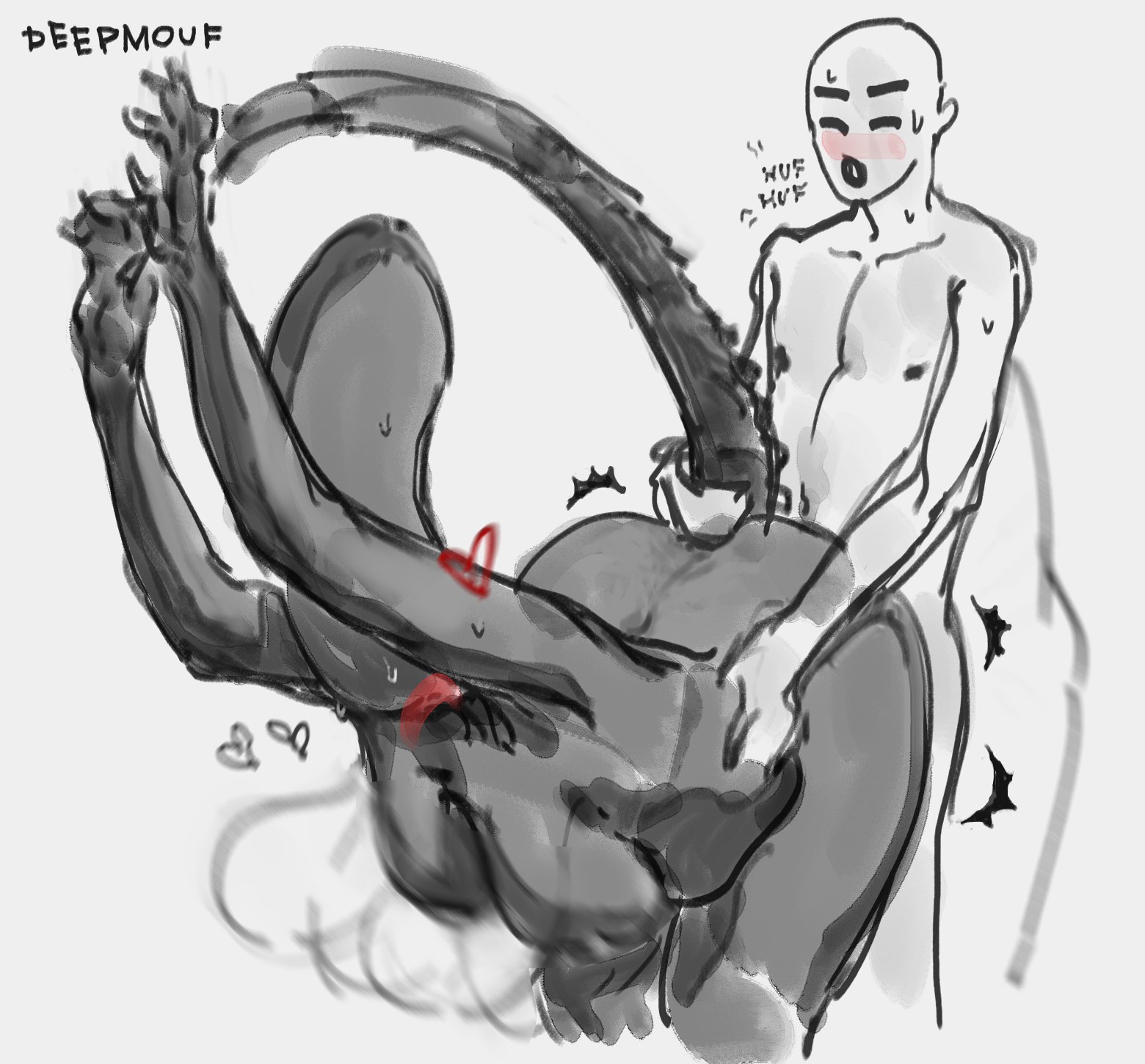 1boy, 1girls, 2d, against wall, alien, alien (franchise), alien girl, ambiguous penetration, armpits, ass, big ass, big breasts, blush, blushing, bouncing breasts, breasts, couple, deepmouf, female, female xenomorph, male, tail, tail grab, thick ass, thick thighs, xenomorph