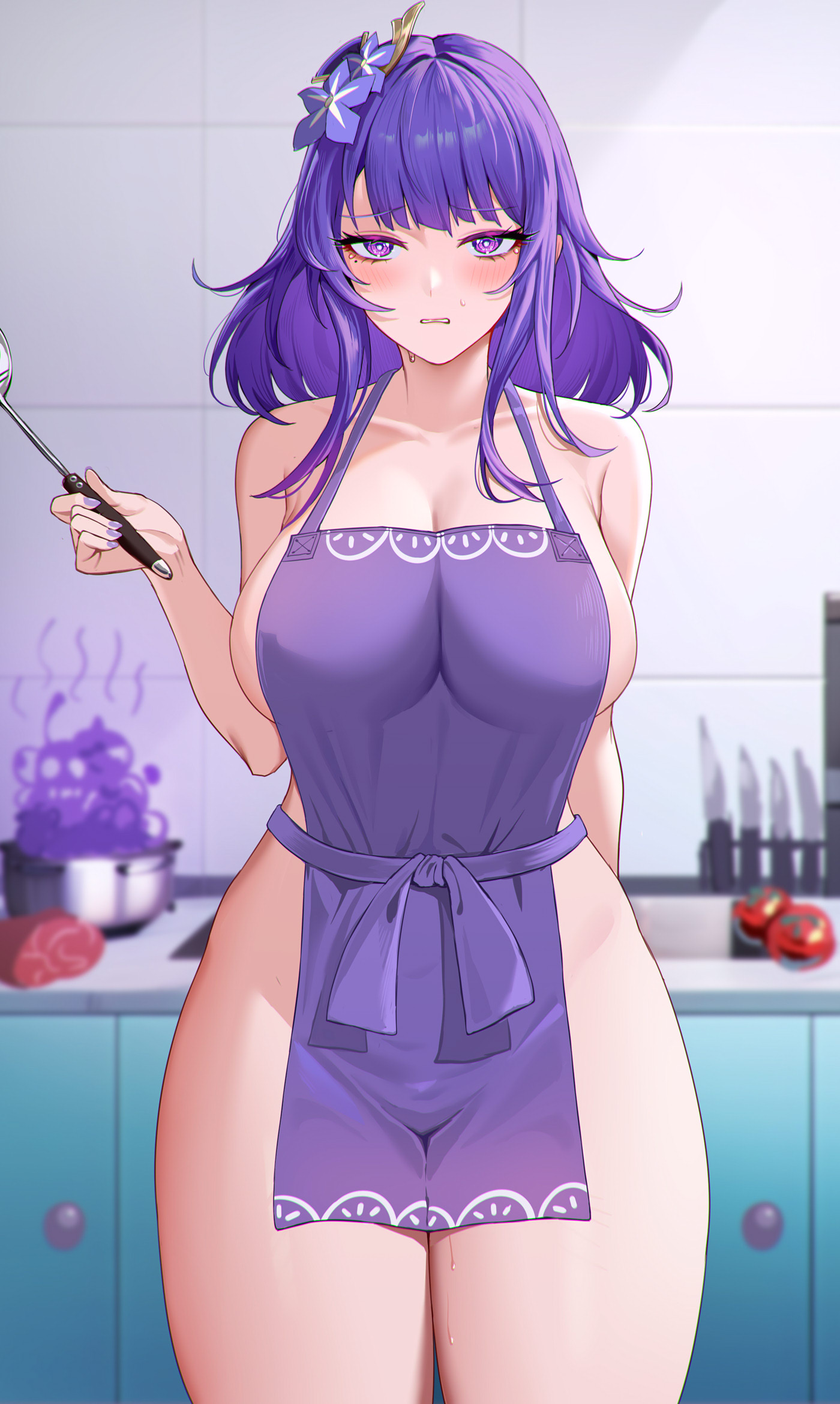 1girls, apron, blush, breasts, female, genshin impact, kitchen, large breasts, naked apron, purple eyes, purple hair, raiden shogun, sweatdrop, thick thighs