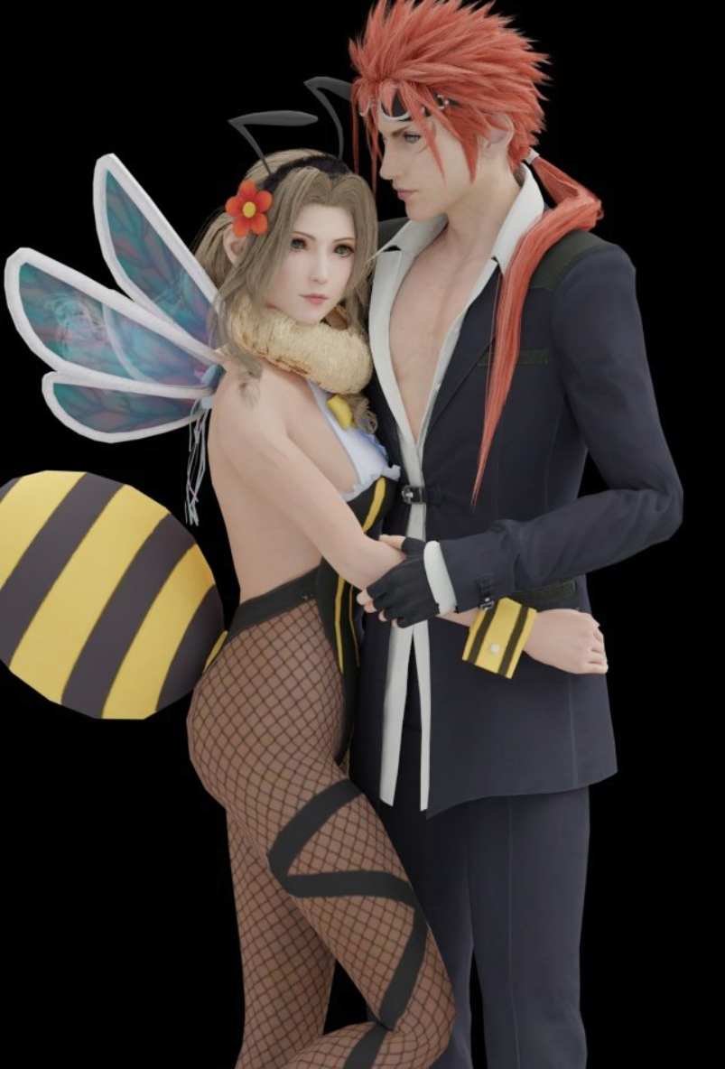 1boy 1girls 3d aerith_gainsborough bee bee_costume bee_girl clothed_male costume embrace embracing female final_fantasy final_fantasy_vii final_fantasy_vii_remake fingerless_gloves fishnet_legwear fishnet_pantyhose fishnets flower_in_hair holding_partner honey_bee honeybee_inn_uniform hugging leotard red_hair reno standing straight suit wings