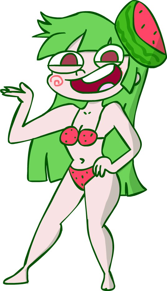 bikini bikini_bottom bikini_top cleavage female green_hair long_hair nickzdante red_eyes vannamelon vannamelon_(copyright) virtual_youtuber watermelon_bikini