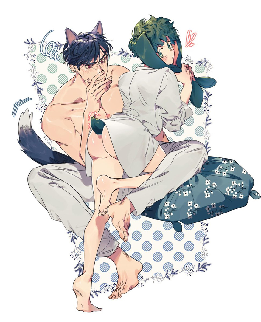 2boys, animal ears, animal tail, ass, bare ass, bottomless, bunny boy, bunny ears, bunny tail, dog ears, dog tail, green eyes, green hair, izuku midoriya, looking at ass, male, muscular, muscular male, my hero academia, on lap, pantless, partially clothed, rabbit ears, rabbit tail, shirtless, size difference, tail, tenya iida, wolf ears, wolf tail, yaoi