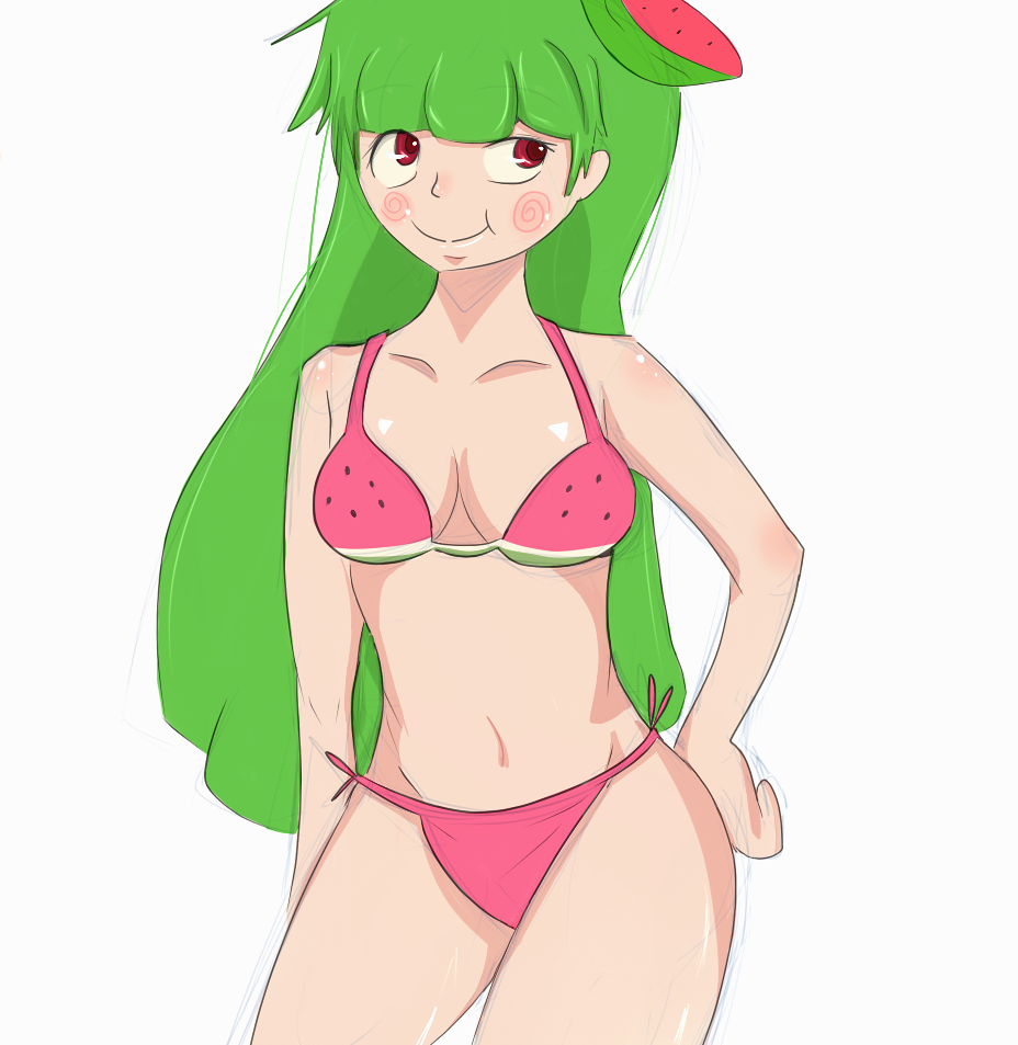 bikini bikini_bottom bikini_top breasts cleavage doodle green_hair long_hair navel swimsuit vannamelon vannamelon_(artist) vannamelon_(copyright) virtual_youtuber watermelon_bikini white_background