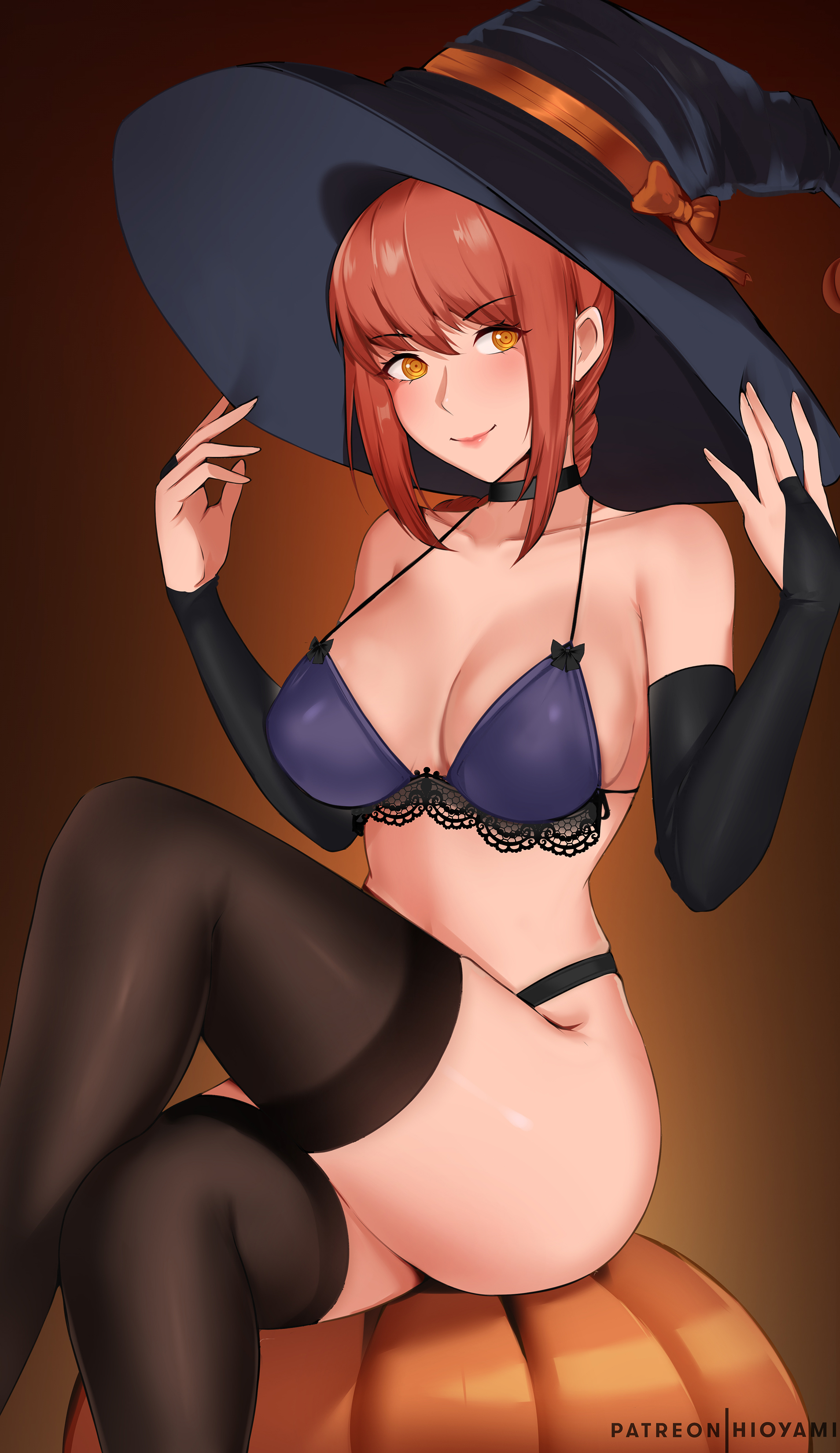 1girls, 2022, absurdres, bangs, bare shoulders, black choker, black headwear, black socks, black thighhighs, blush, breasts, bridal gauntlets, chainsaw man, choker, cleavage, closed mouth, collarbone, crossed legs, female, gradient, gradient background, halloween, hands up, hat, highres, hioyami, large breasts, large hat, legs, lips, looking at viewer, makima (chainsaw man), medium hair, orange background, orange eyes, pumpkin, red hair, simple background, sitting, smile, socks, thigh socks, thighhighs, witch hat