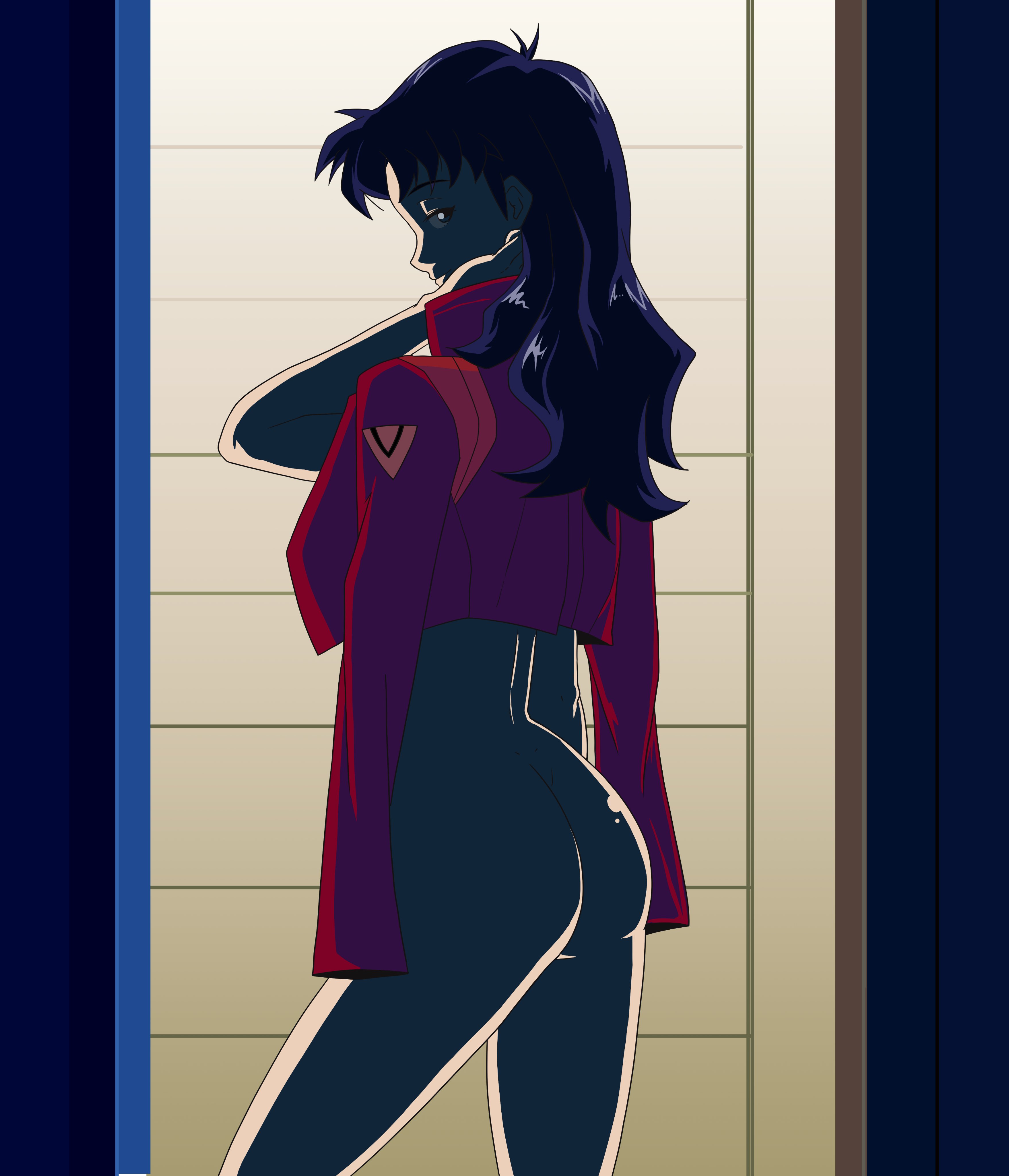 1girls, arm behind head, ass, big ass, bottomless, breasts, female, female only, hentainador, jacket, looking at viewer, looking back, medium breasts, misato katsuragi, neon genesis evangelion, pose, posing, round ass, round butt, sensual, smile, solo, solo female