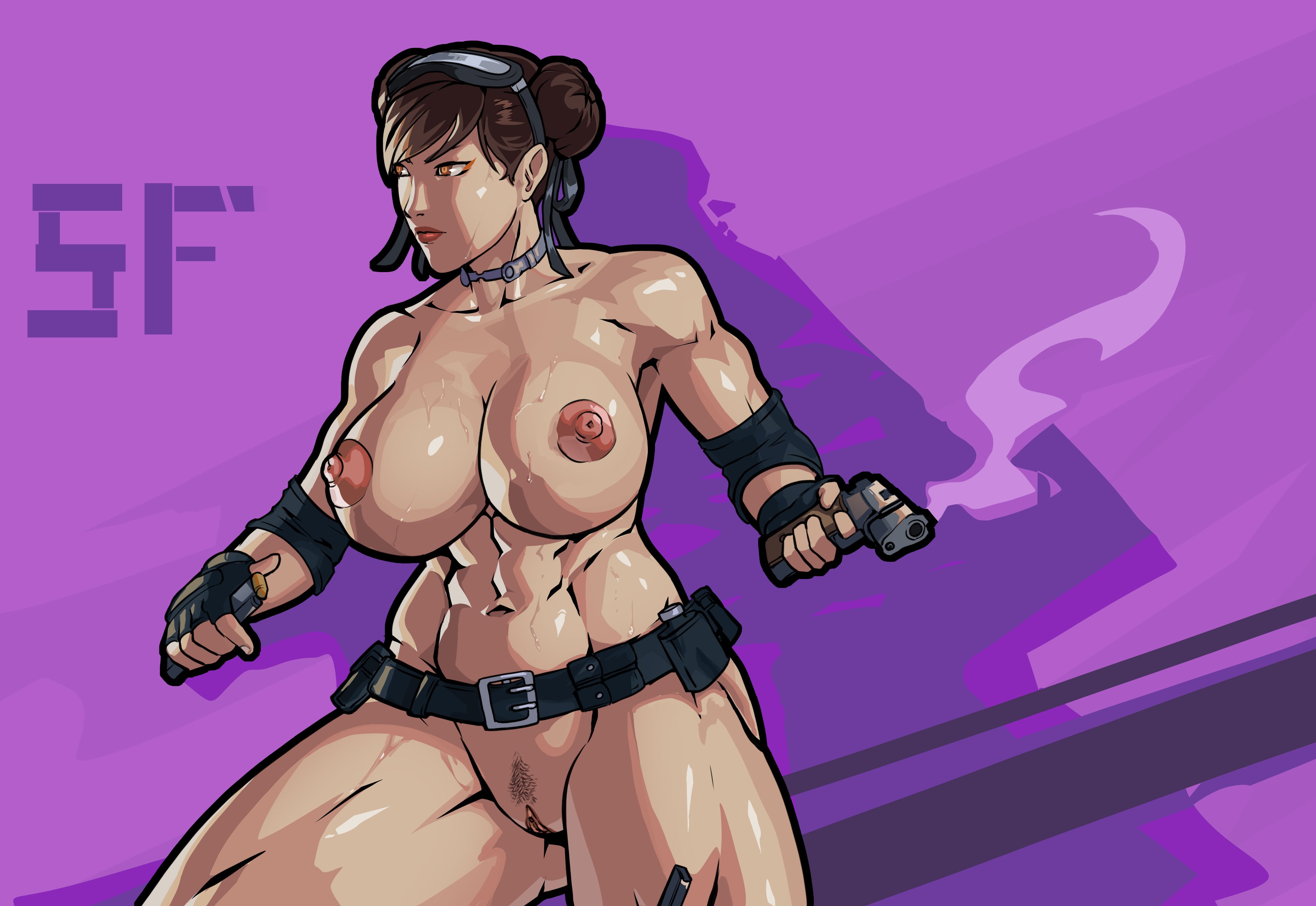 1girls, abs, alternate version available, armwear, athletic, athletic female, belt, big breasts, breasts, brown eyes, brown hair, busty, capcom, casual, chun-li, equinox006, exposed torso, eyewear, female, female focus, female only, firearm, gun, handgun, handwear, hourglass figure, human, long hair, navel, neckwear, pale skin, police, police officer, police uniform, policewoman, solo, standing, street fighter, street fighter v, tactical nudity, tied hair, weapon, wide hips