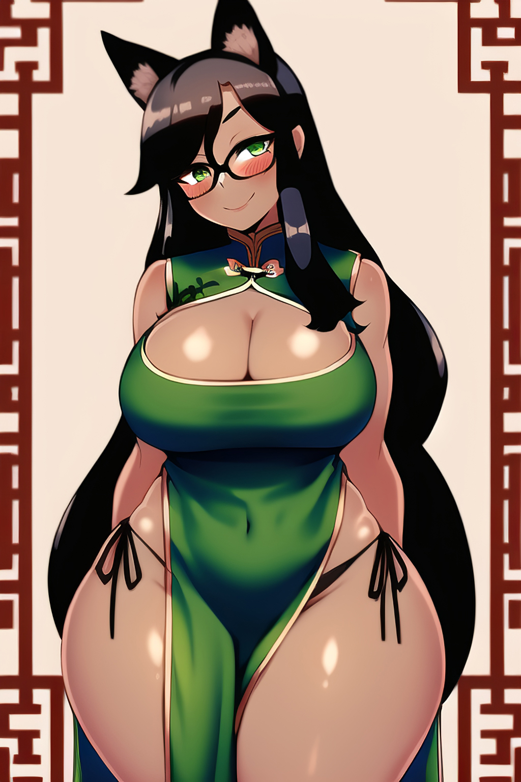 1girls, ai generated, bare shoulders, bare thighs, black panties, blush, breasts, cheongsam, china dress, chinese clothes, curvy, dark hair, dog ears, dress, female, female only, gardener ai, glasses, green dress, homestuck, hourglass figure, jade harley, large breasts, long hair, ms paint adventures, nai diffusion, panties, purple eyes, qipao, revealing clothes, side-tie panties, skimpy, sleeveless, sleeveless dress, solo, stable diffusion, string panties, tan body, thick thighs, wide hips